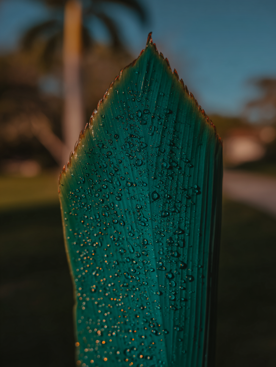 Folha verde em close-up coberta por gotas de orvalho brilhantes sob luz suave do pôr do sol, destacando detalhes texturizados e bordas serrilhadas. O fundo desfocado sugere um jardim tropical ao anoitecer, com tons quentes e sombras suaves criando um contraste visual impressionante.