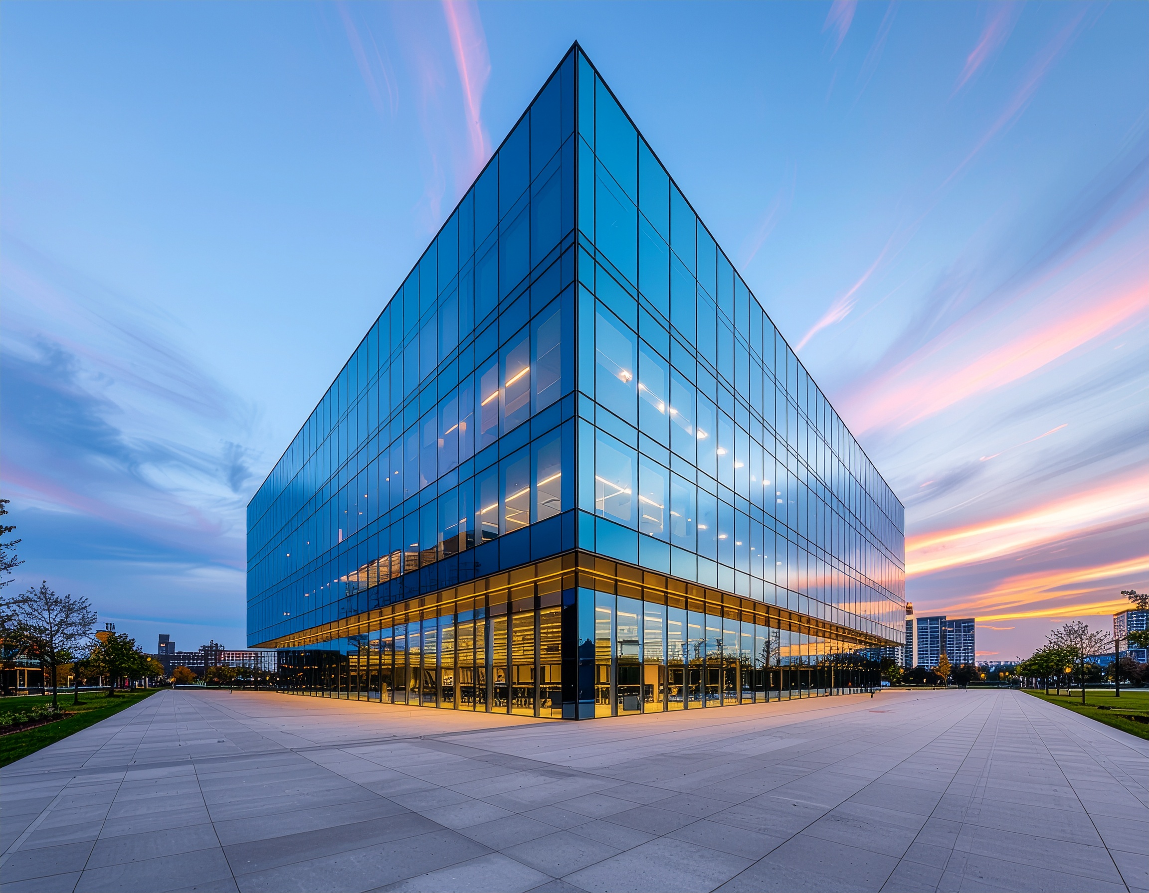Modern Glass Building Reflecting Sunset Sky