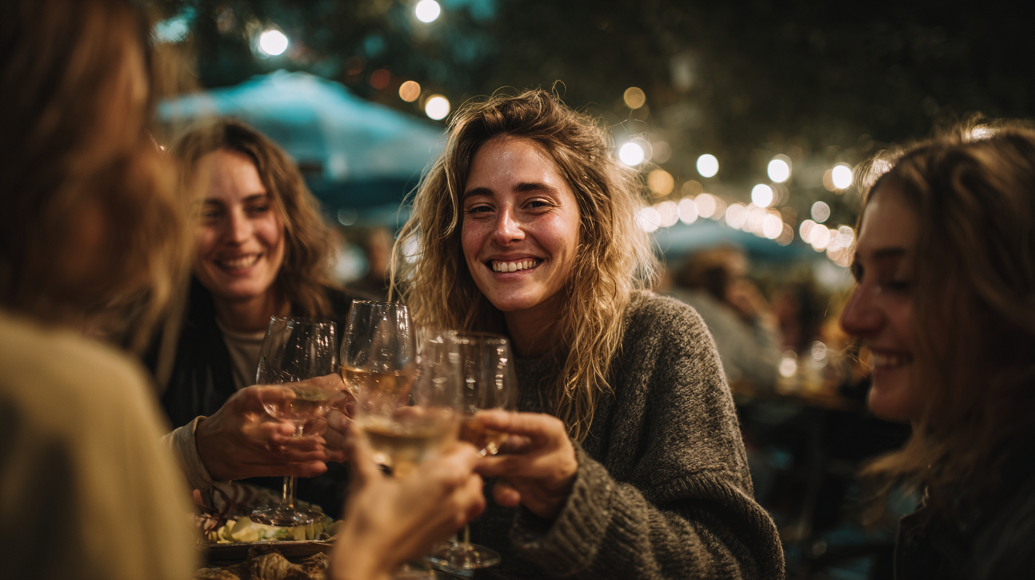 A imagem captura um grupo de mulheres sorrindo e brindando com taças de vinho em um ambiente iluminado com luzes suaves e difusas. As cores predominantes incluem tons quentes de bege, dourado e marrom, contrastando com o fundo azul-escuro e as luzes brilhantes que criam uma atmosfera festiva e acolhedora.