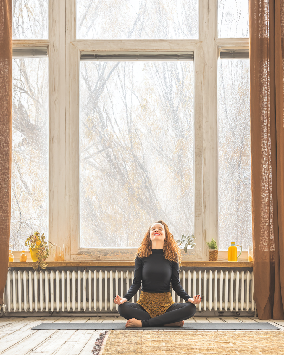 Cena iluminada por luz natural de uma mulher meditando em quarto aconchegante, com grandes janelas e cortinas marrons contrastando com a neve lá fora.