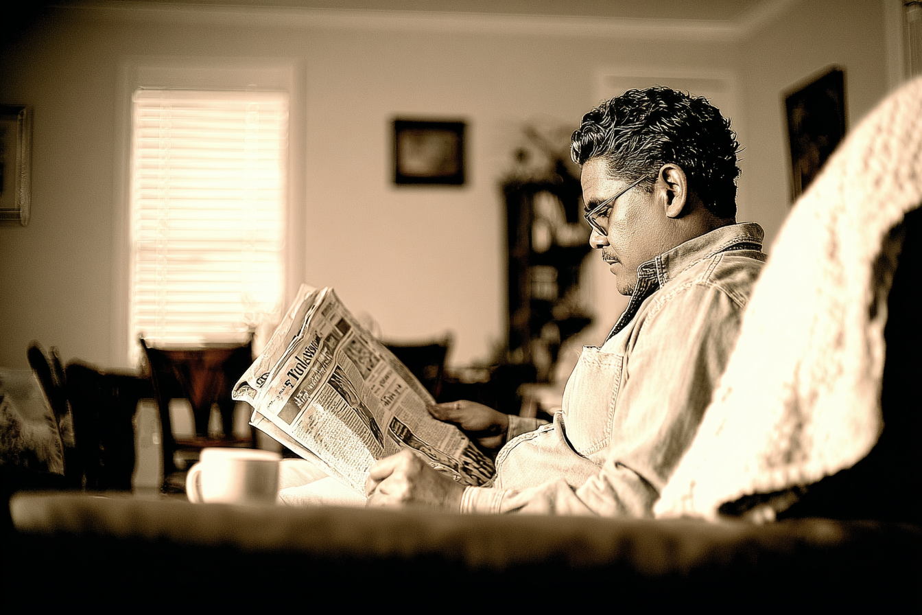 Homem sentado em uma sala aconchegante, lendo um jornal com luz suave entrando pela janela, transmitindo tranquilidade e introspecção. A imagem tem um tom sépia, sugerindo um estilo vintage e nostálgico, ideal para temas de reflexão e relaxamento.