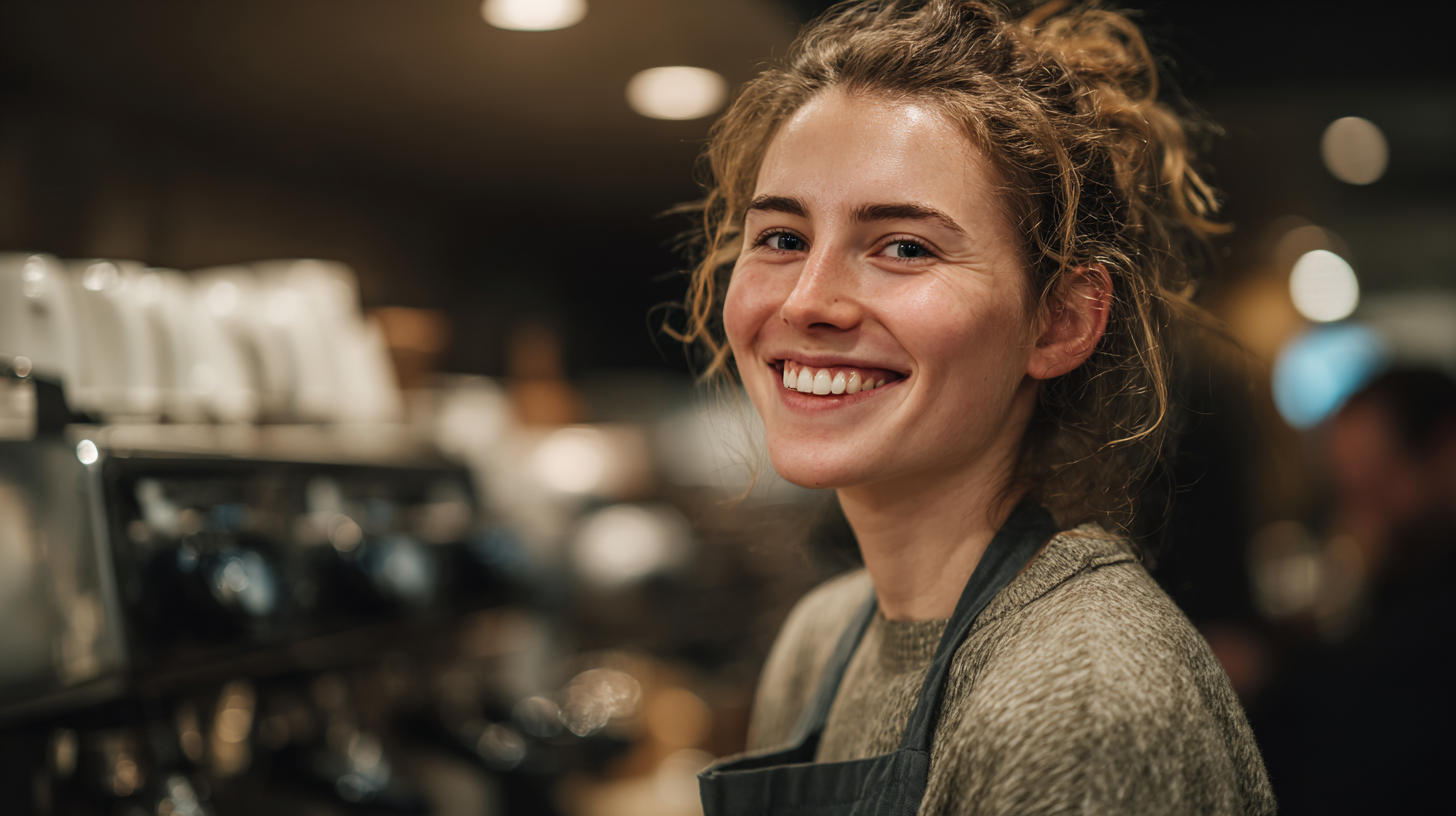 Barista sorridente em ambiente acolhedor de cafeteria, transmitindo alegria e hospitalidade. Estilo fotográfico caloroso com foco no rosto e fundo desfocado.