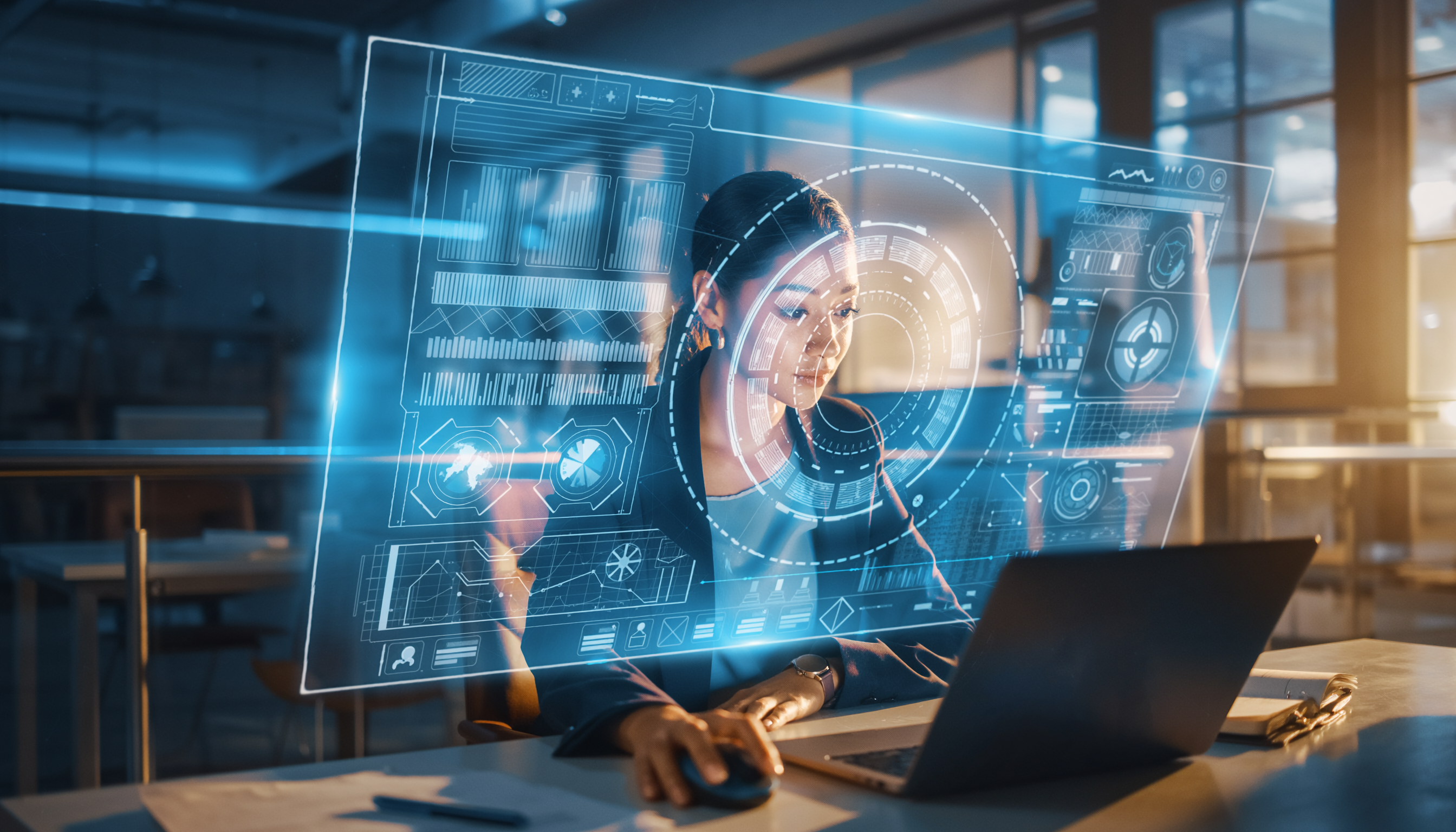 Mulher interage com interface holográfica futurista em ambiente de escritório moderno, transmitindo inovação tecnológica e foco profissional, ideal para conceitos de tecnologia avançada e futuro digital.