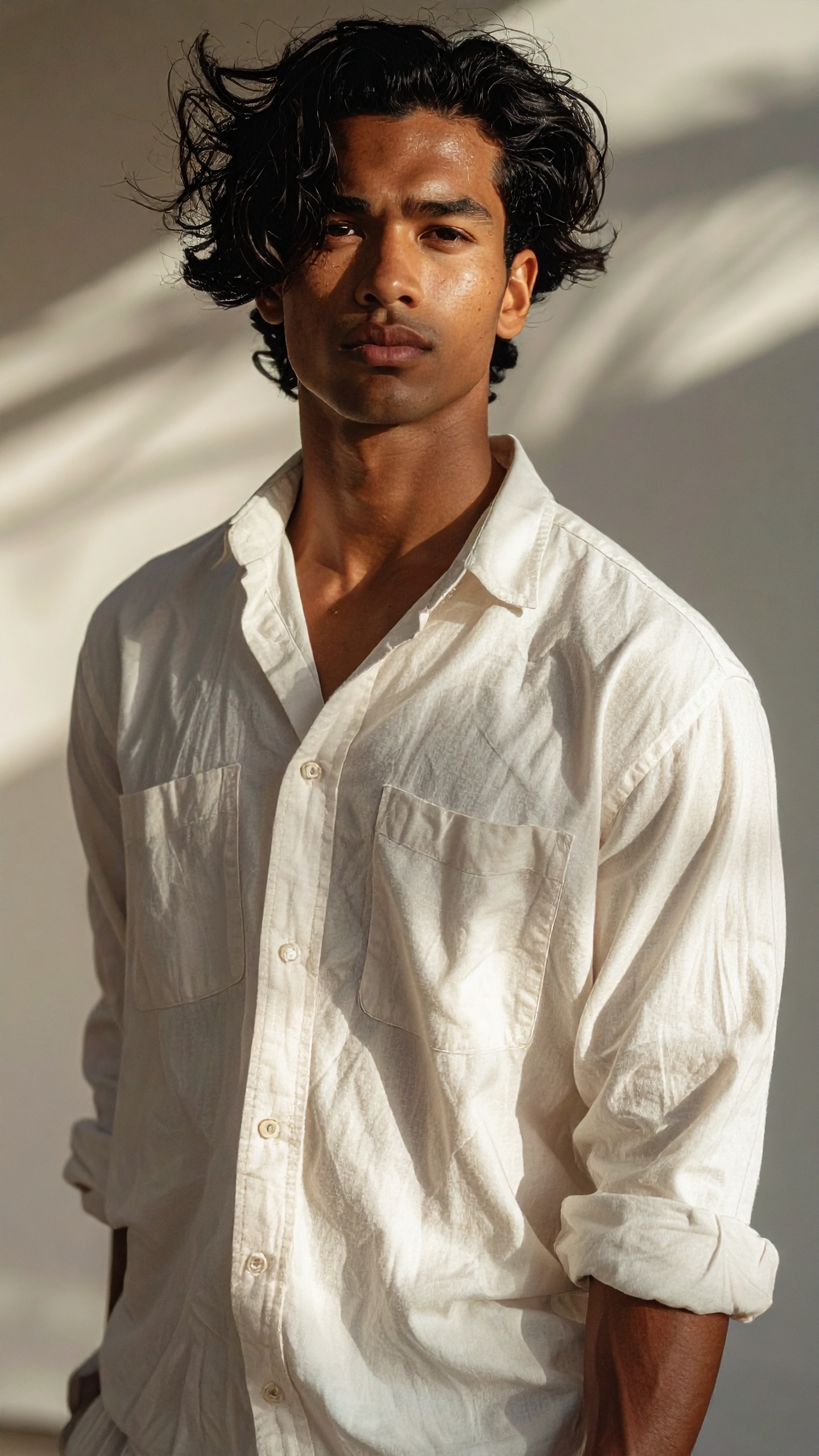 A young man wearing a casual white shirt stands confidently in natural light