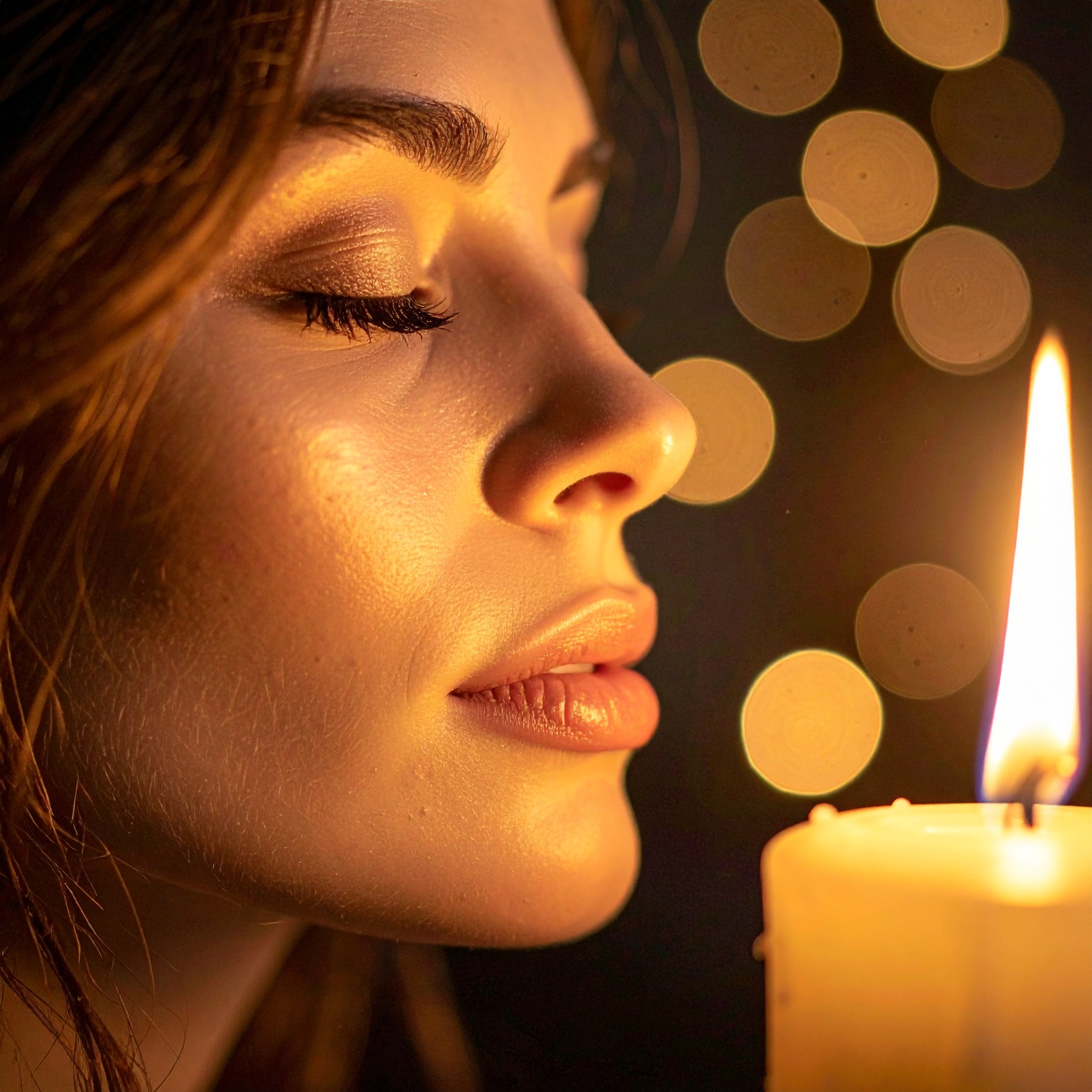 Retrato iluminado por uma vela, com tons dourados e alaranjados predominando. Textura suave da pele, foco no rosto sereno e bokeh ao fundo.