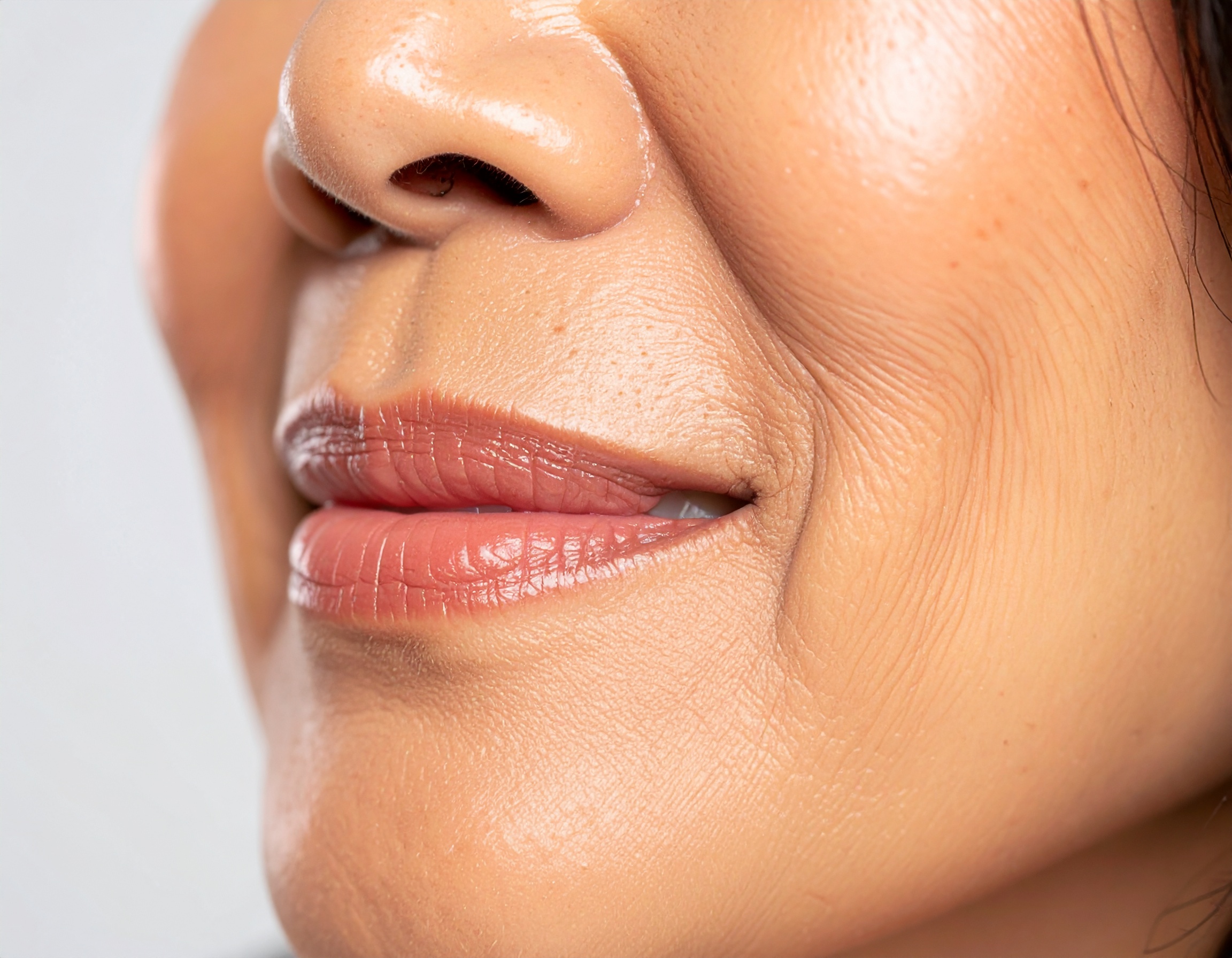 Close-up of a smiling woman's lips and cheek highlights skin texture