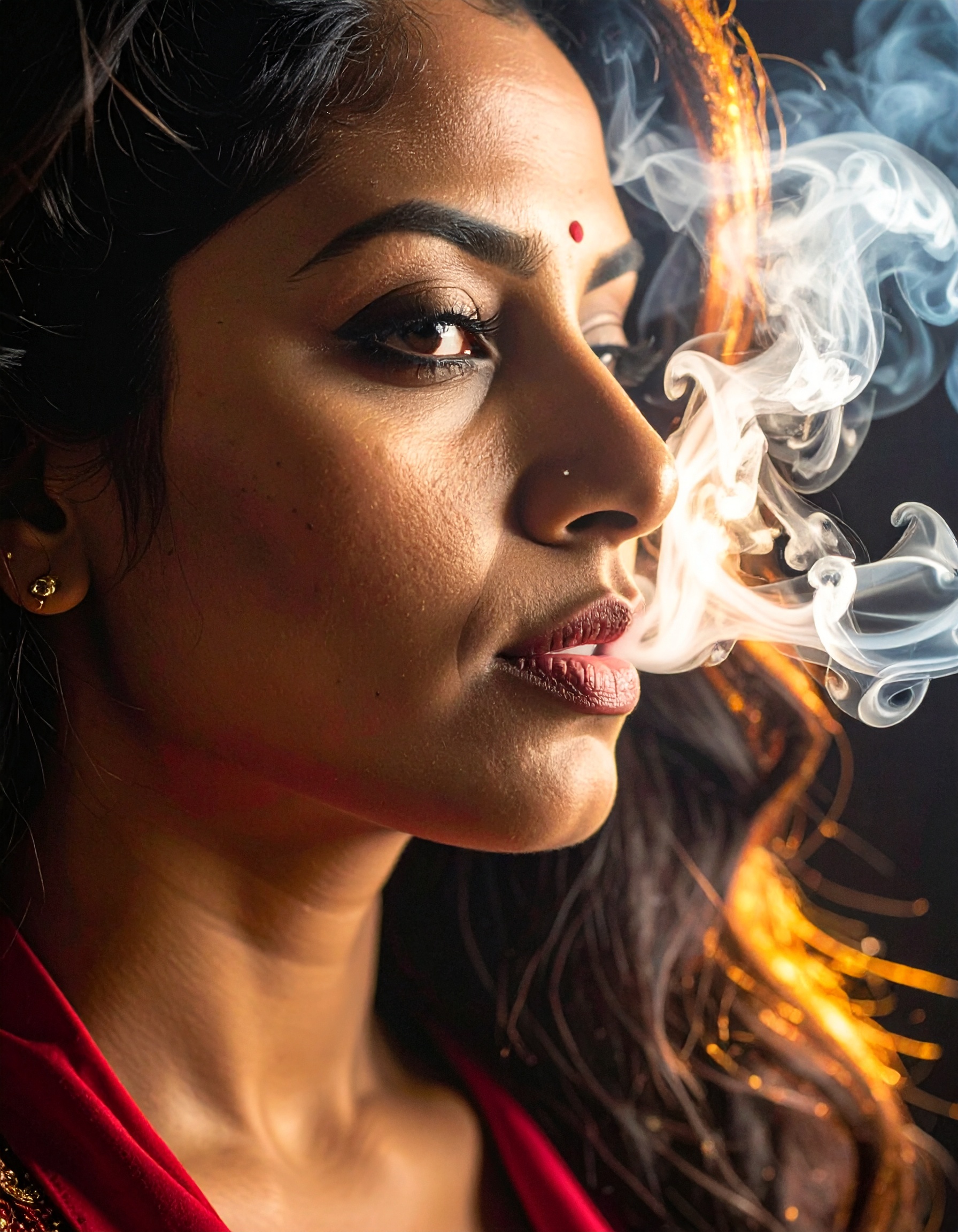 A woman with a serene expression is enveloped in swirling smoke, creating a mystical atmosphere