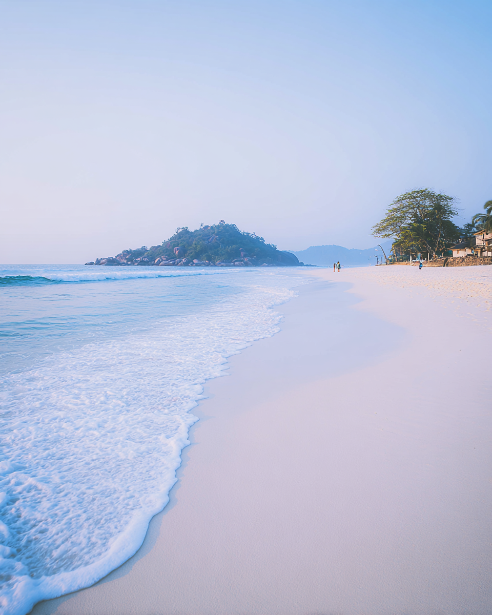 Cena serena de praia com areia branca e ondas suaves, emoldurada por um céu azul claro e vegetação exuberante ao fundo. A luz natural suave cria uma atmosfera tranquila, destacando a textura da areia e o movimento da água. A composição em perspectiva conduz o olhar à pequena ilha ao longe.