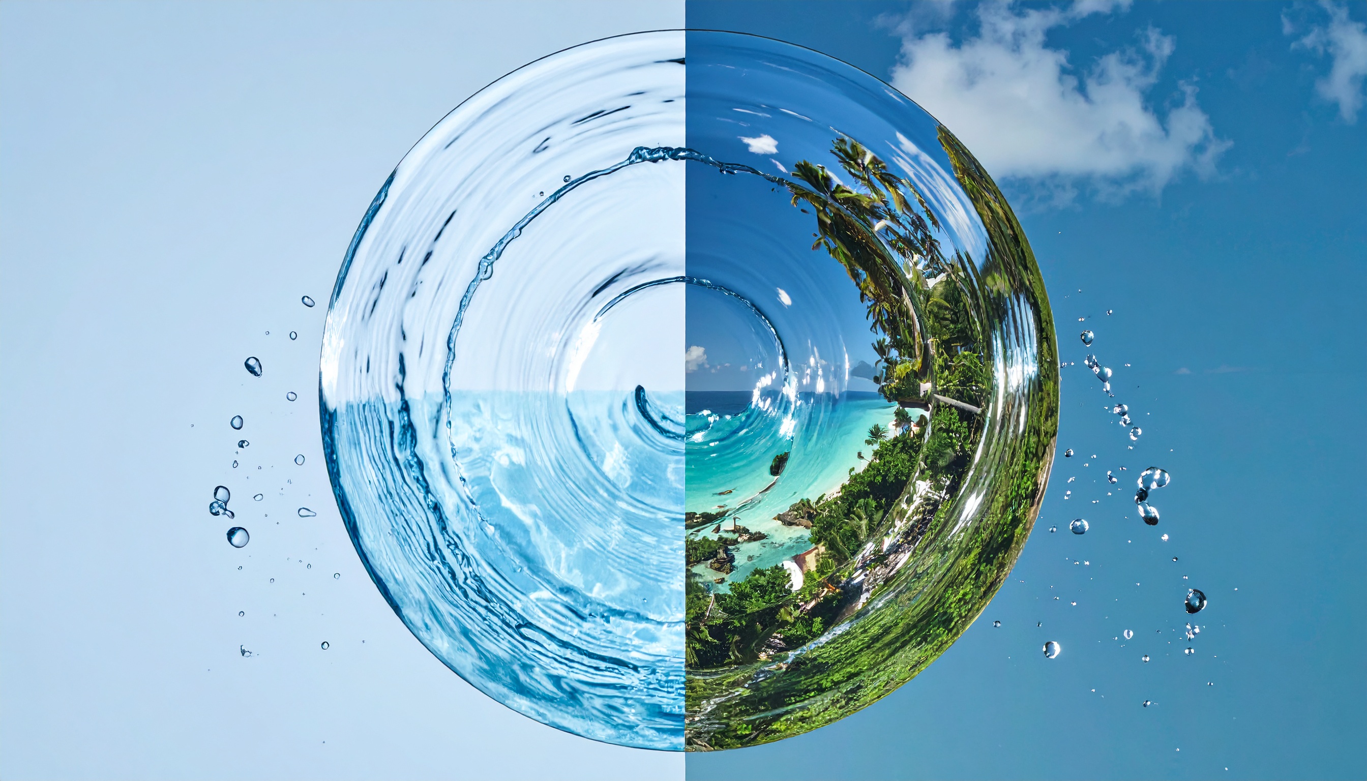 A captivating image blends a clear water droplet with a tropical beach scene