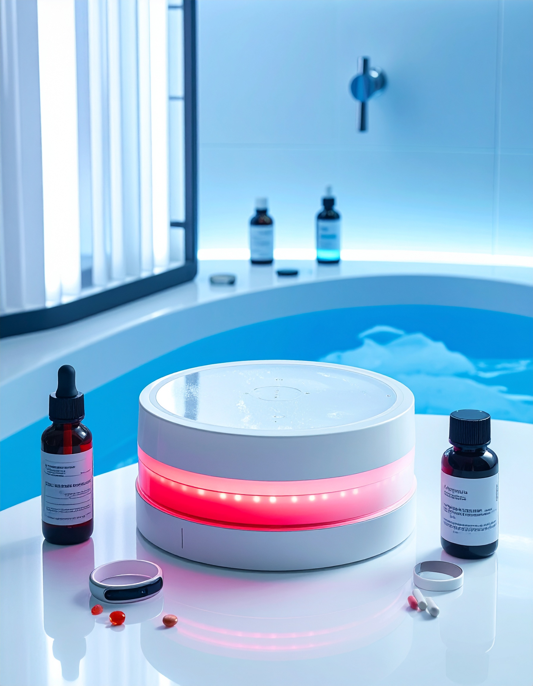 A sleek, round LED device sits on a glossy white surface, glowing with a soft red light