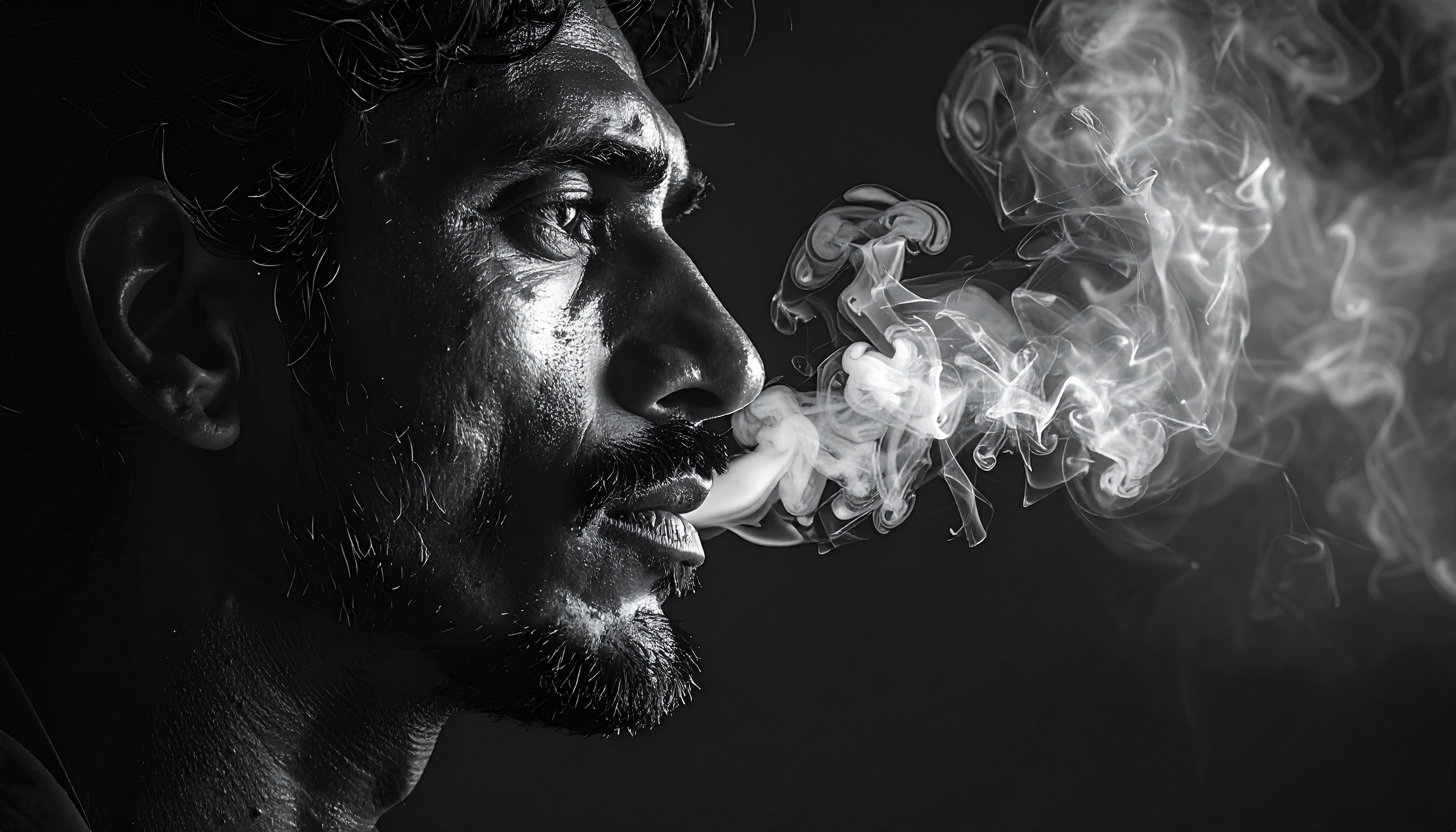 A man exhales smoke against a dark background, creating a dramatic visual effect
