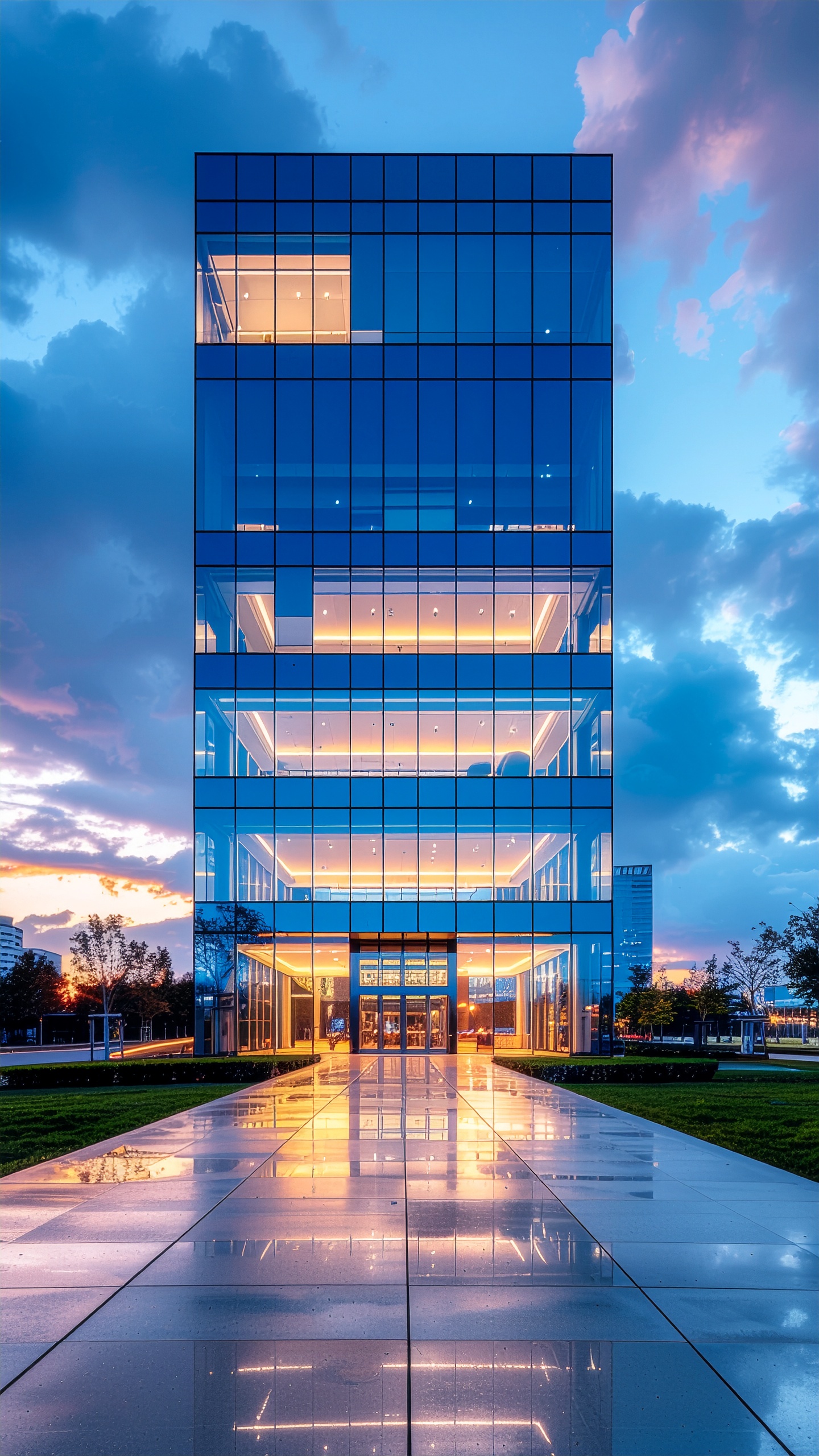 Modern Glass Building Reflecting Sunset Sky