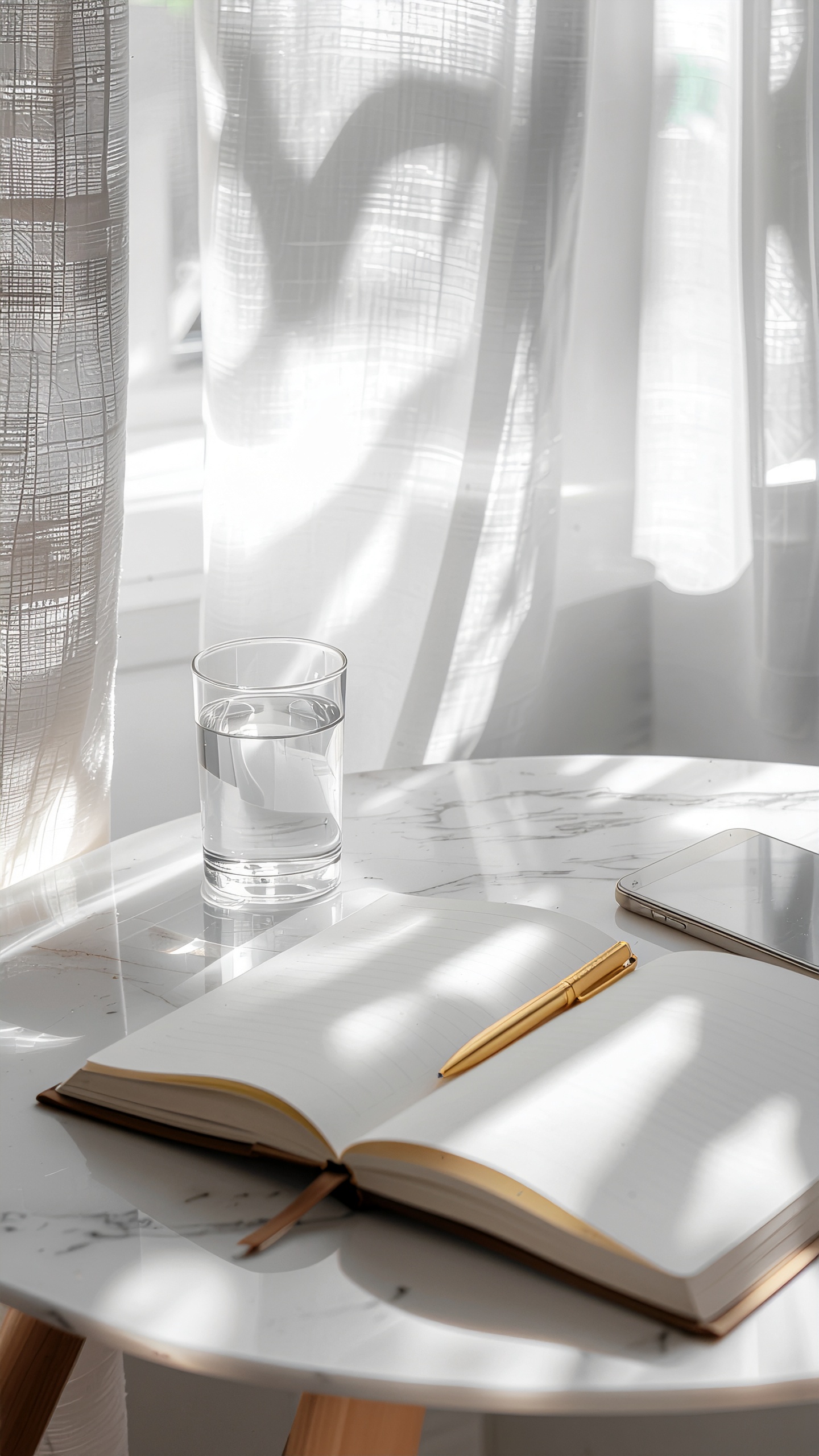 A golden pen rests on an open notebook on a white marble table, bathed in soft sunlight