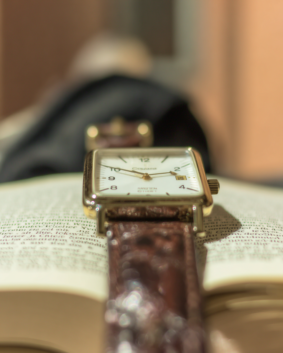 Relógio de pulso clássico com caixa dourada sobre um livro aberto, destacando-se pelo foco seletivo que enfatiza o mostrador branco e pulseira de couro marrom, em uma composição de luz suave que cria um ambiente sofisticado e introspectivo.