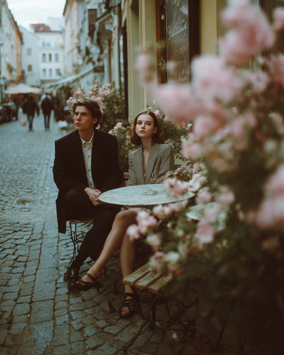 Um casal elegante sentado em uma mesa de café ao ar livre, cercado por flores rosa em uma rua de paralelepípedos. O homem veste um terno escuro e a mulher usa um vestido estiloso, ambos com expressões pensativas em um ambiente urbano charmoso.