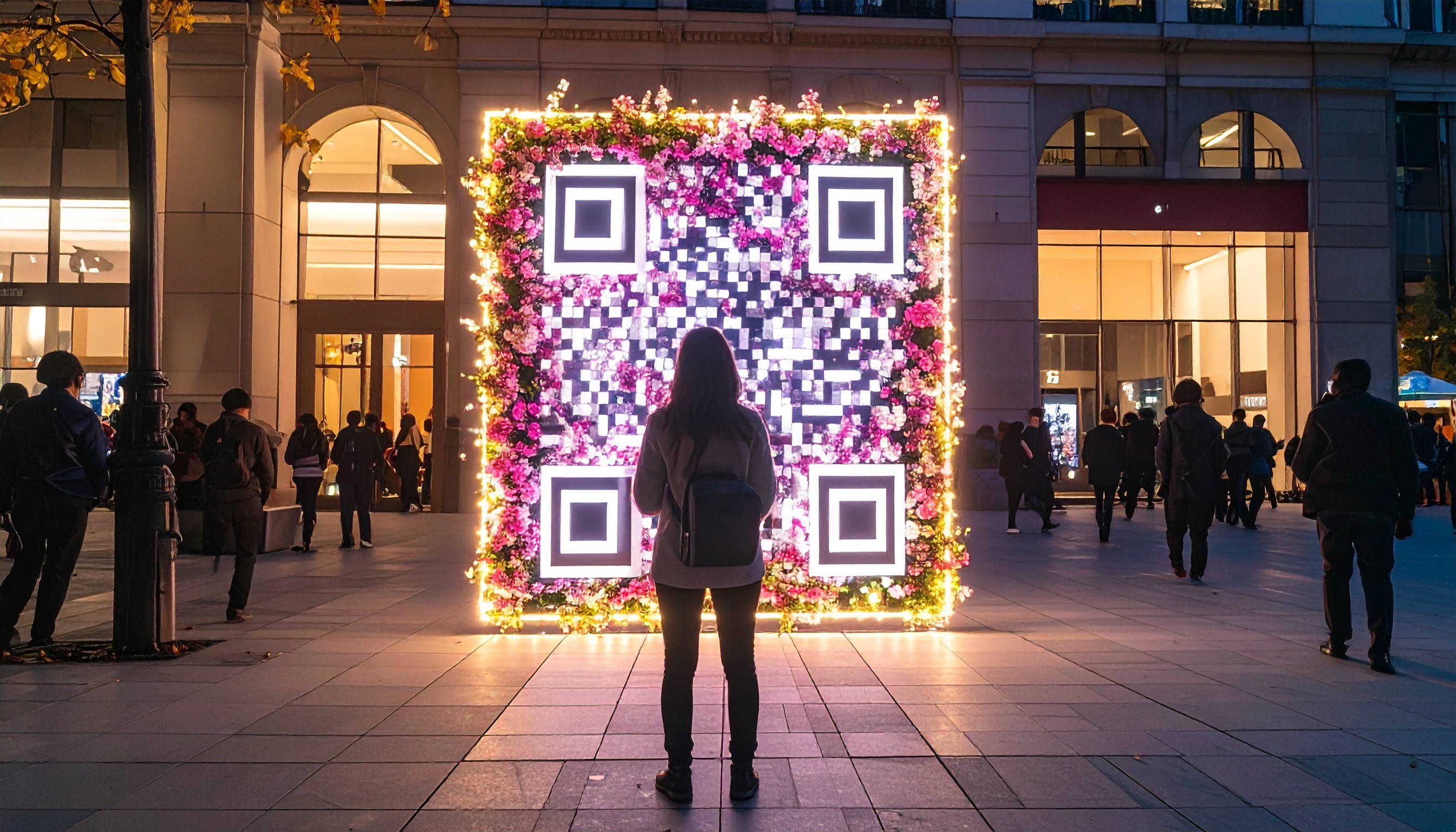 Um QR Code gigante, iluminado e decorado com flores vibrantes, está em exibição em uma praça movimentada. Essa instalação artística é projetada para atrair a atenção de transeuntes e incentivar a interação digital. O contraste entre as luzes brilhantes e as cores das flores cria um visual marcante e inesquecível. Ideal para eventos que buscam combinar arte e tecnologia em espaços públicos urbanos. Esta peça única destaca-se por sua fusão de digital e natural, atraindo tanto entusiastas de tecnologia quanto amantes de arte.