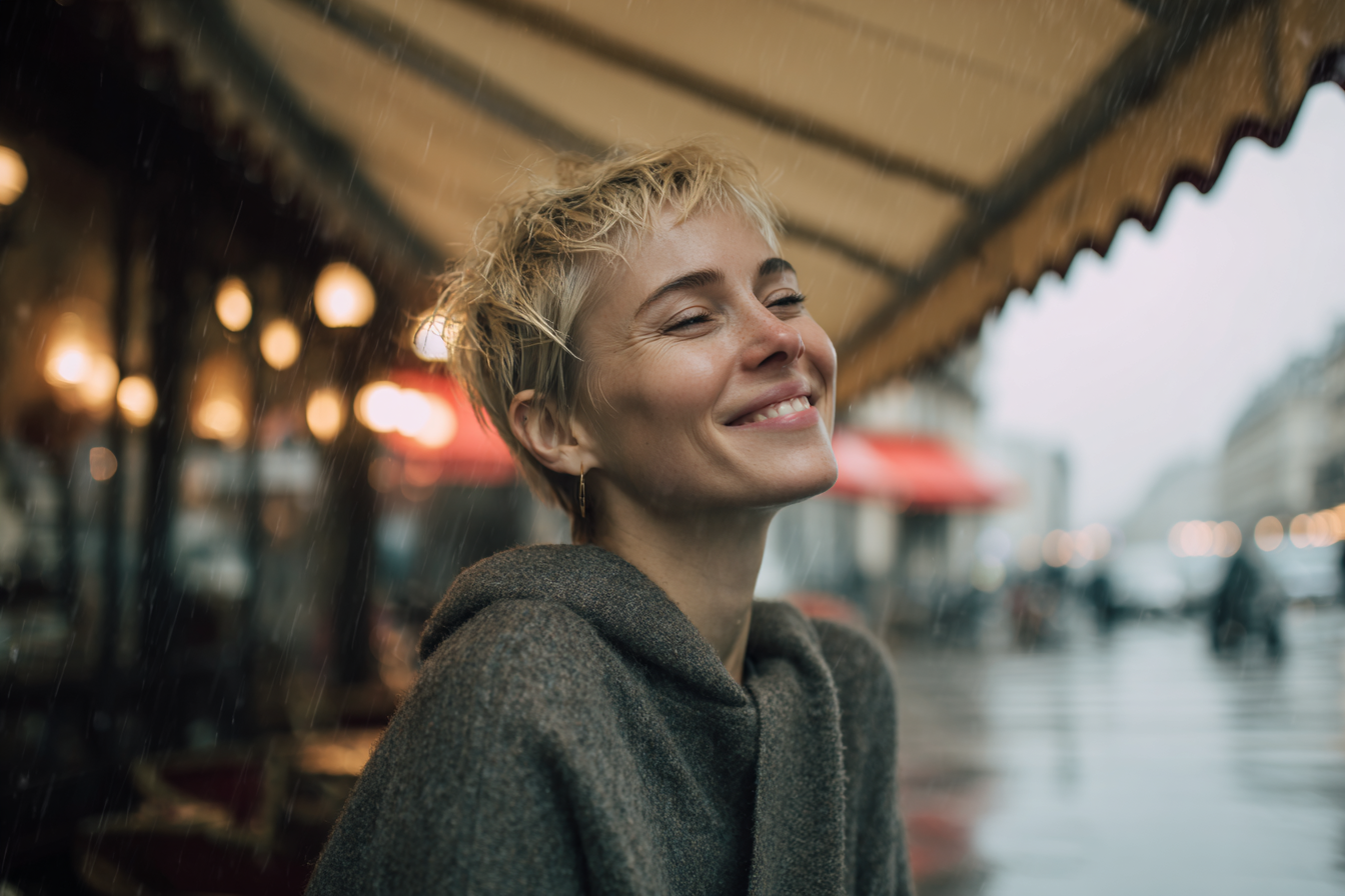 Uma mulher sorridente com cabelo curto e bagunçado, vestindo um suéter cinza, desfrutando de um momento sob a chuva em um café ao ar livre. A atmosfera é acolhedora, com luzes suaves ao fundo e mesas de café cobertas, criando uma cena encantadora e nostálgica.