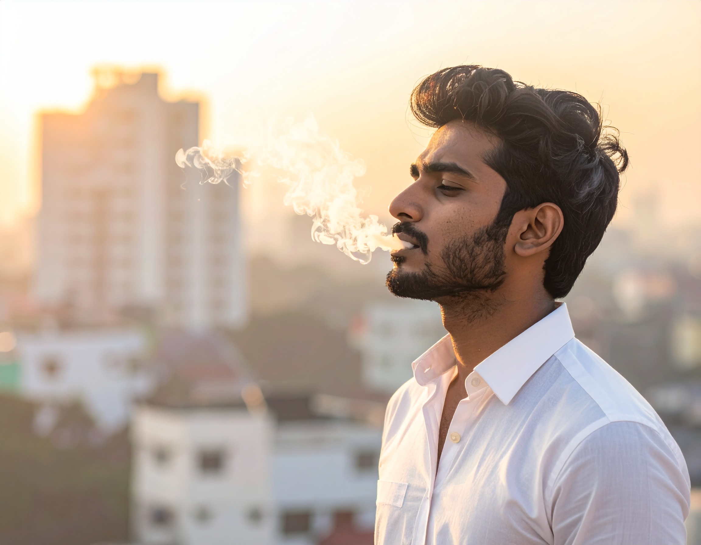 A young man exhales vapor against a city skyline during sunset
