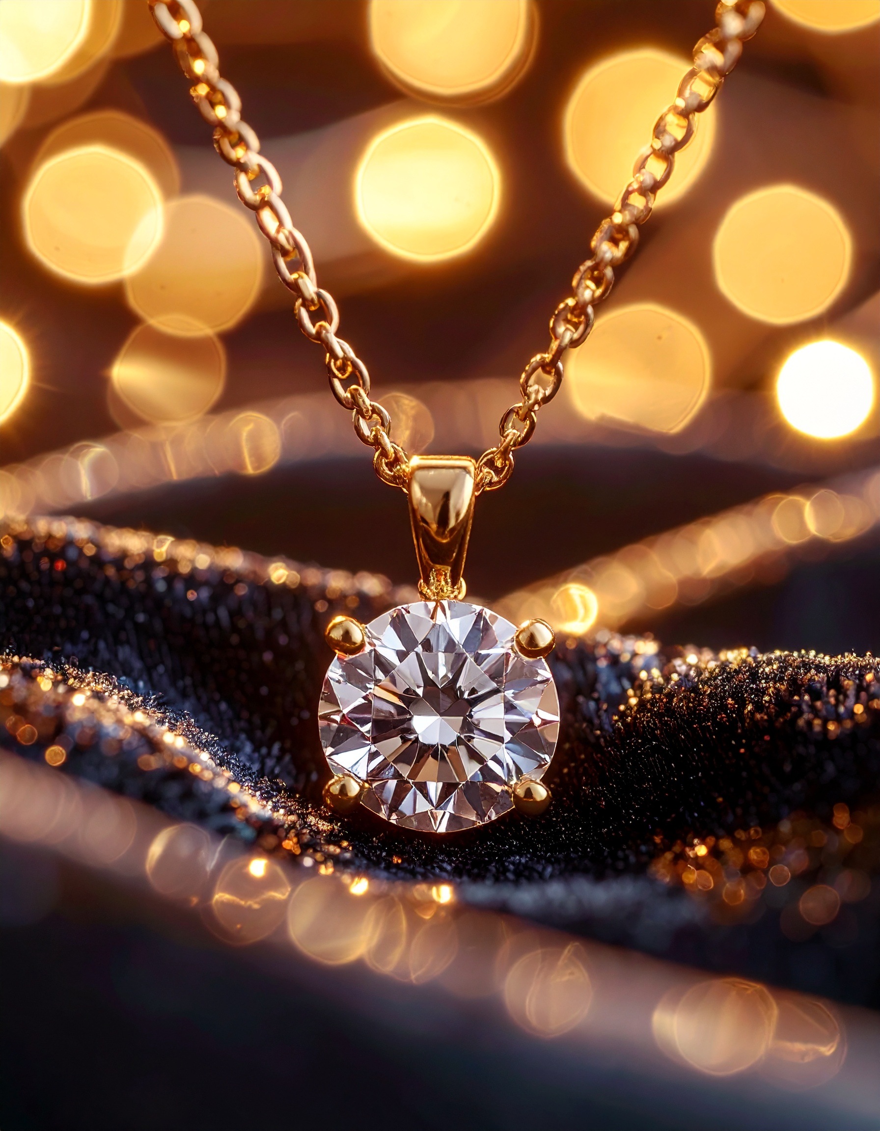 Colar de luxo com pingente de diamante em fundo escuro com iluminação dourada difusa, destacando o brilho e a transparência da gema, composição sofisticada e elegante.