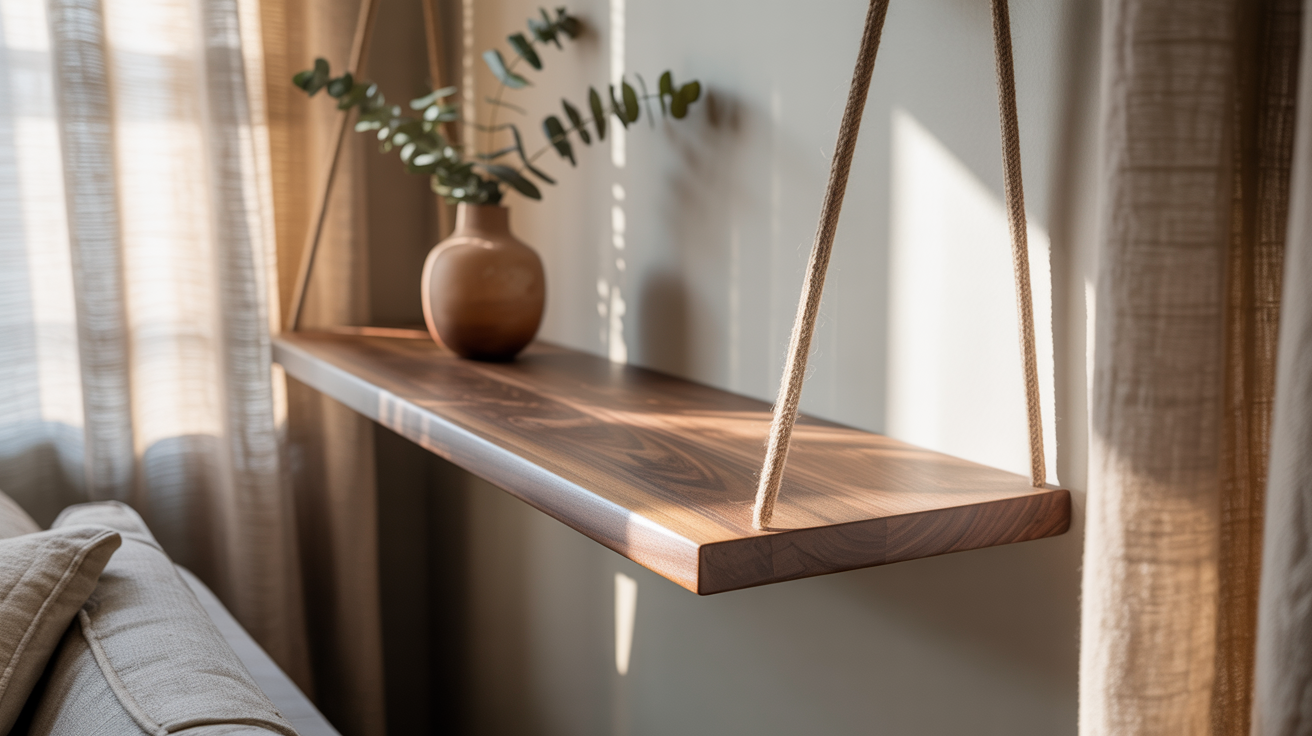 Cena doméstica iluminada suavemente mostrando uma prateleira suspensa de madeira com um vaso em tons terrosos, contendo eucaliptos verdes. A iluminação natural filtrada pelas cortinas cria um ambiente acolhedor e tranquilo, realçando a textura do vaso e a madeira polida. A composição minimalista exibe um equilíbrio harmonioso entre elementos naturais e artificiais.