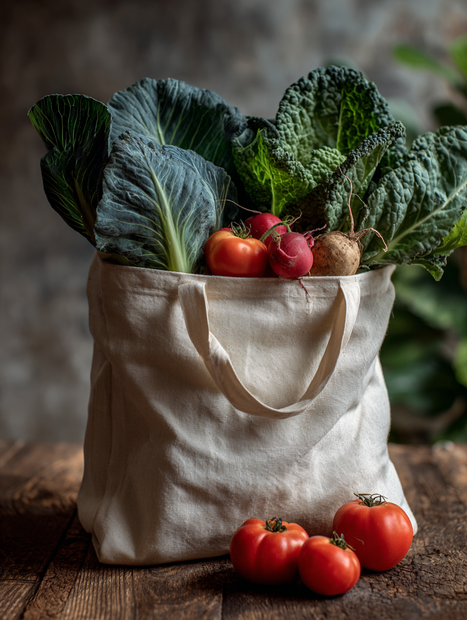 Uma sacola de algodão reutilizável cheia de vegetais frescos, incluindo repolho, rabanetes e tomates, sobre uma mesa rústica de madeira, transmitindo uma sensação de sustentabilidade e conexão com a natureza.