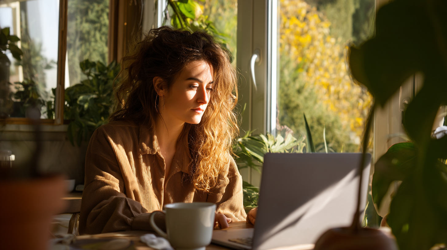 A imagem apresenta uma jovem mulher sentada em um ambiente iluminado, cercada por plantas. A luz do sol entra pela janela, destacando seu rosto e criando um contraste suave com o fundo. Ela está concentrada em um laptop à sua frente, e uma xícara de café está posicionada ao seu lado. O ambiente é acolhedor e natural, com uma paleta de cores quentes e terrosas.