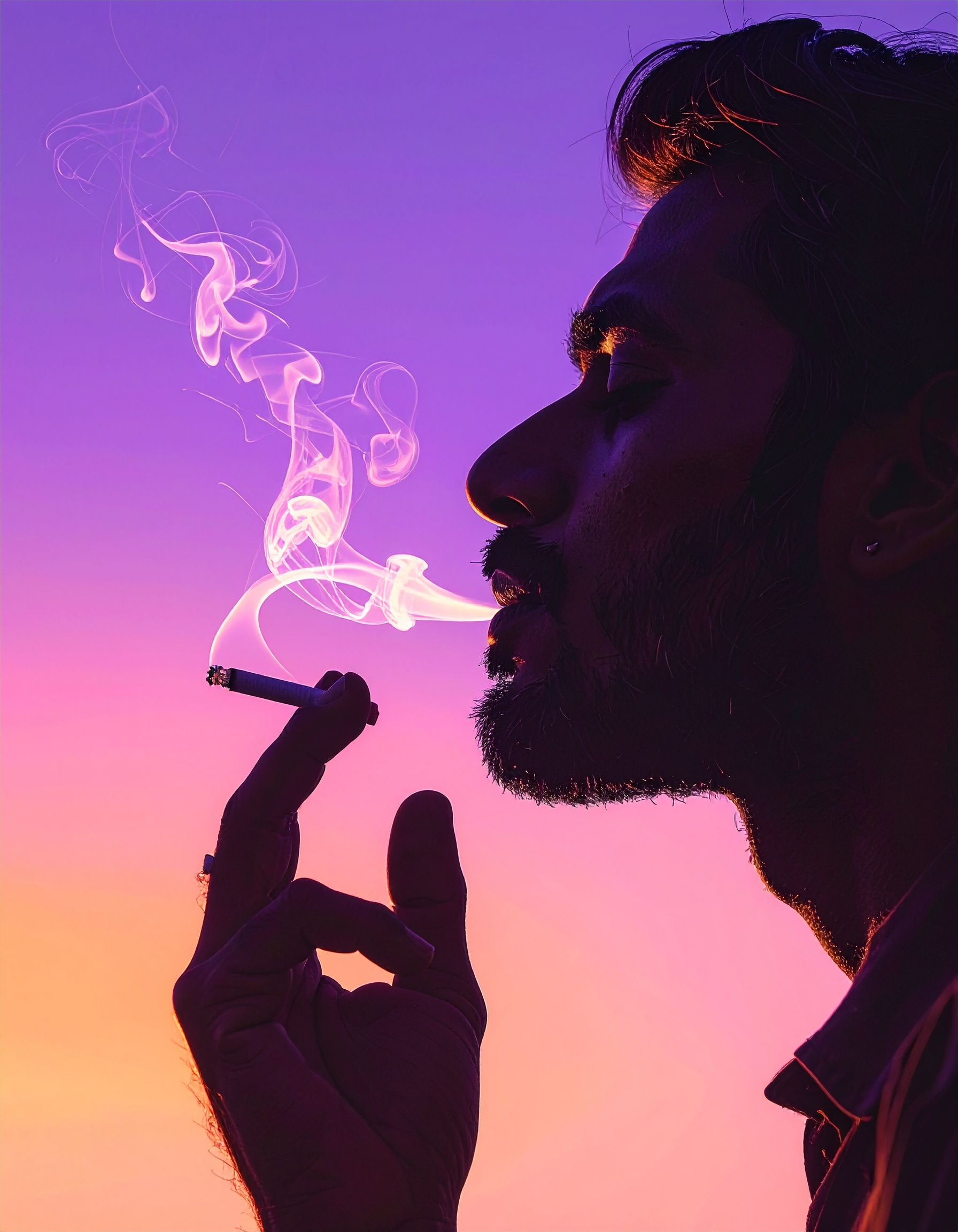 A silhouetted person smokes against a vibrant sunset sky