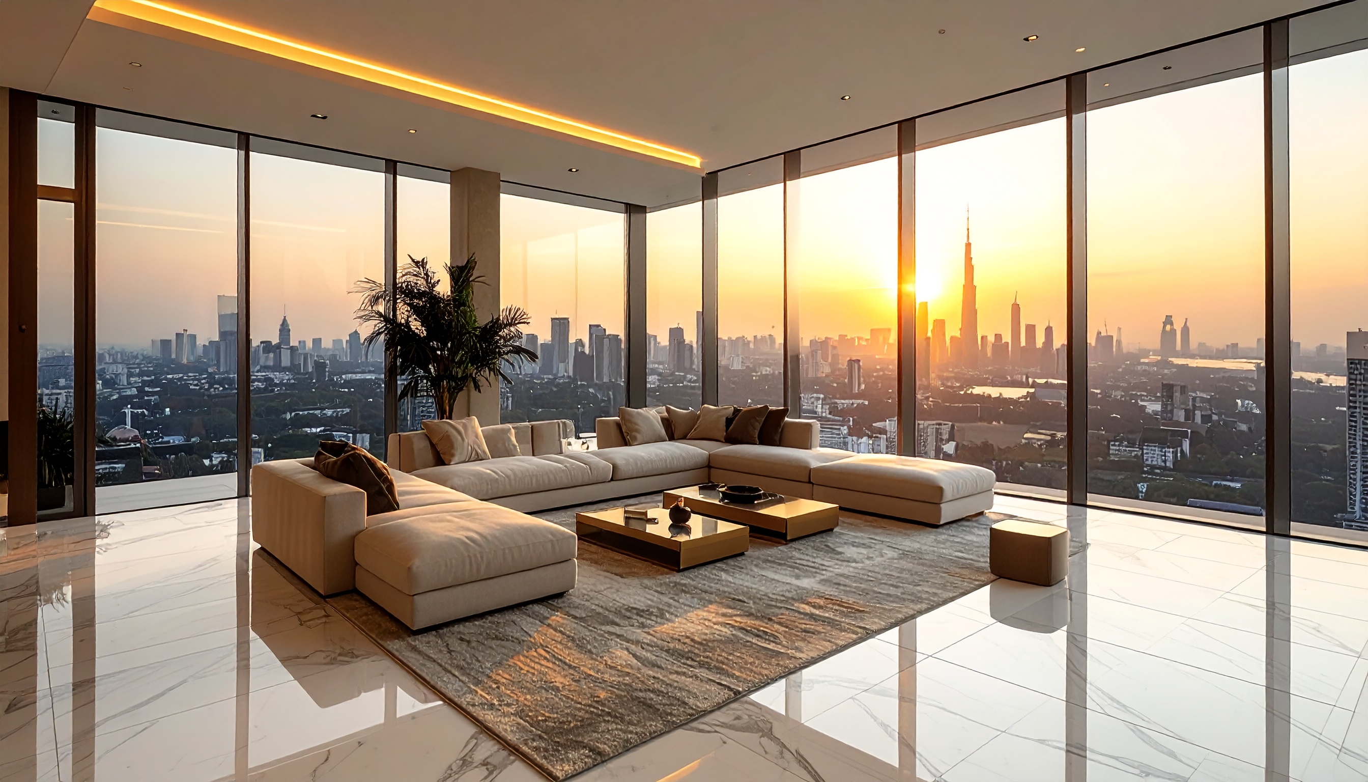 Luxurious modern living room with a stunning cityscape view at sunset