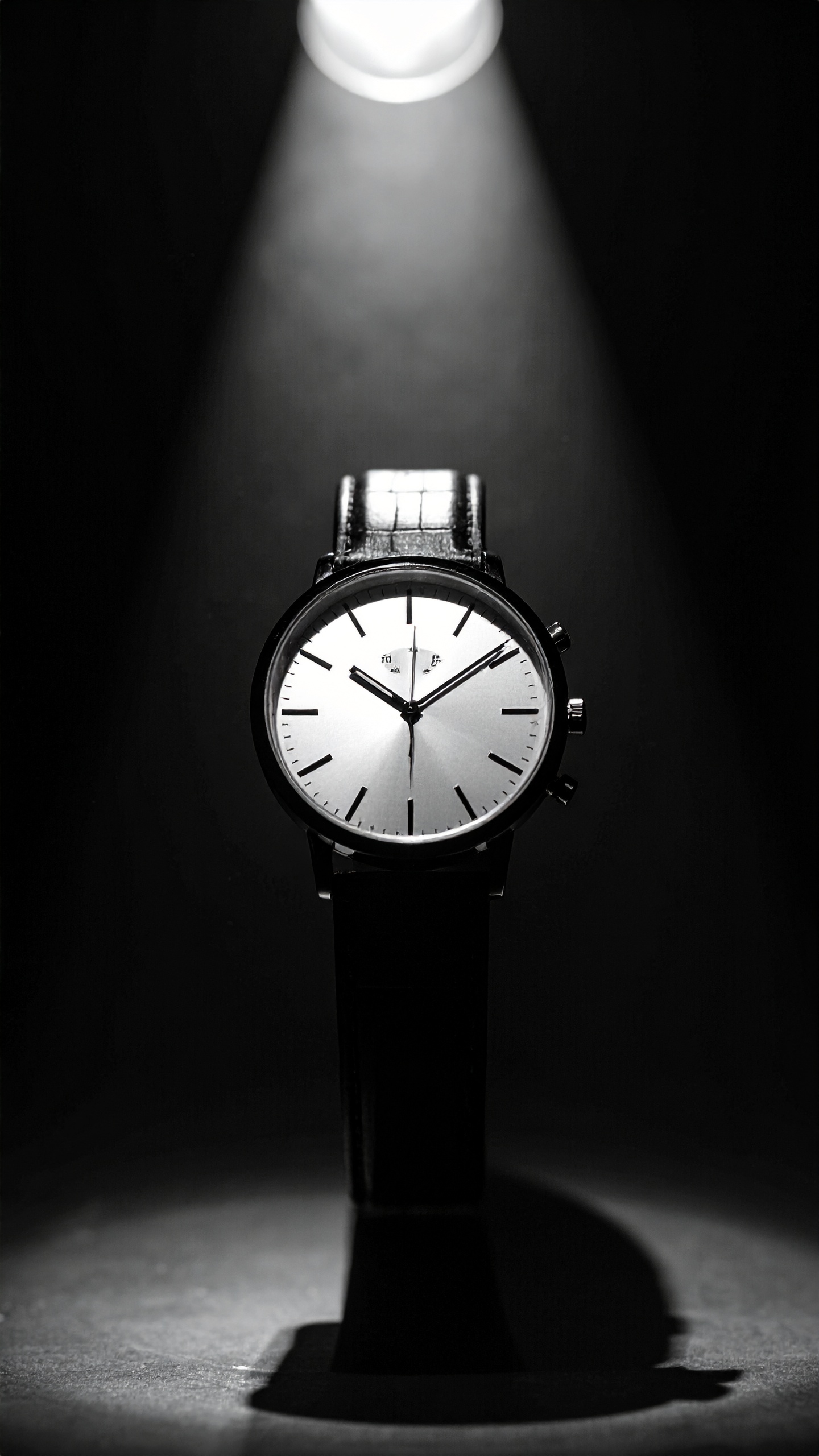 A minimalist wristwatch stands elegantly under a spotlight
