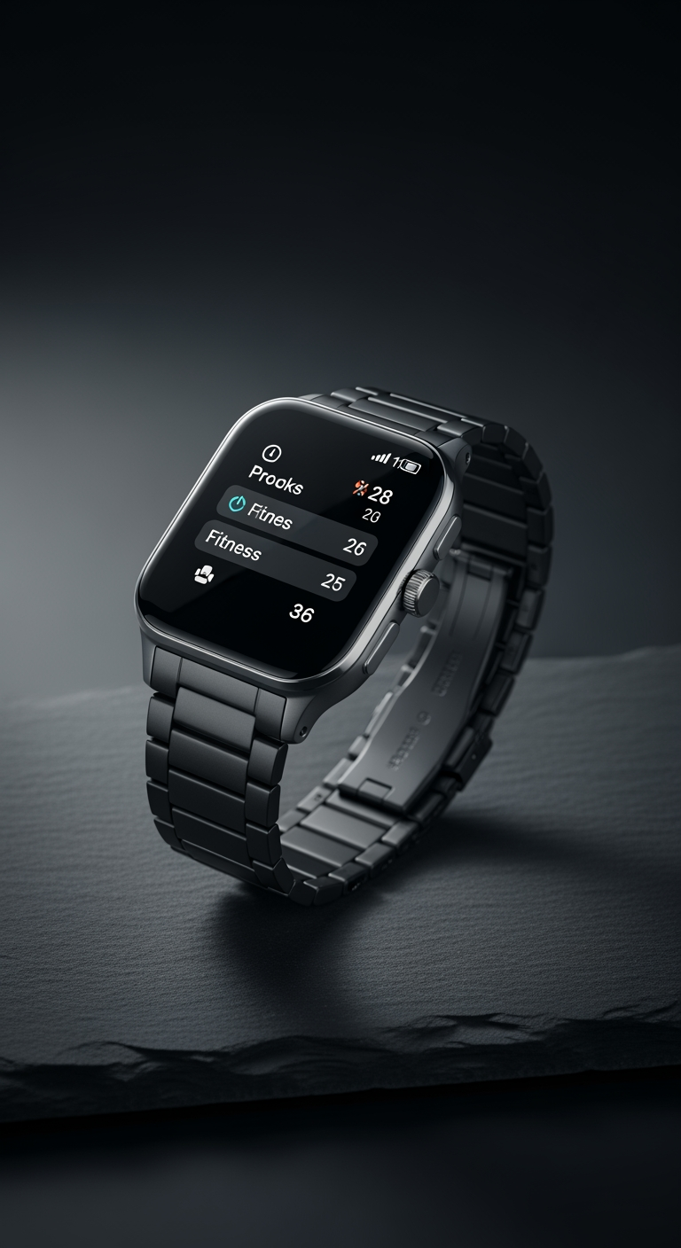 Sleek black smart watch with a metal band on a textured dark surface
