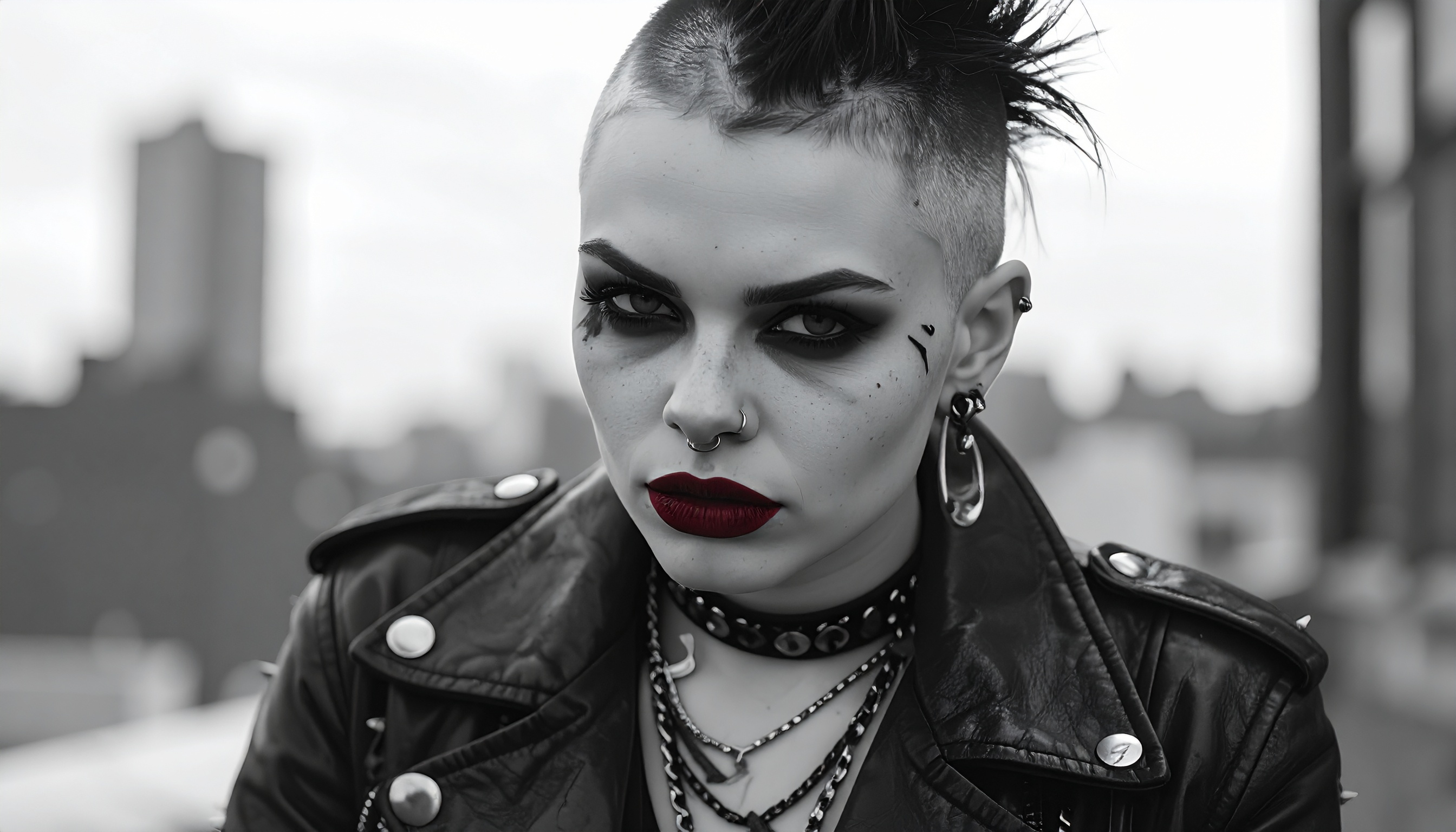 Retrato de uma pessoa com estilo punk, evidenciado por cabelo moicano, maquiagem marcante e piercings. O visual expressa individualidade e rebeldia, perfeito para quem busca se destacar no universo alternativo. A jaqueta de couro e os acessórios em metal são elementos centrais que reforçam a estética ousada. Ideal para eventos de moda, sessões fotográficas temáticas ou promoções de produtos de vestuário alternativo. Este look transmite uma poderosa mensagem de autoexpressão e não conformidade.