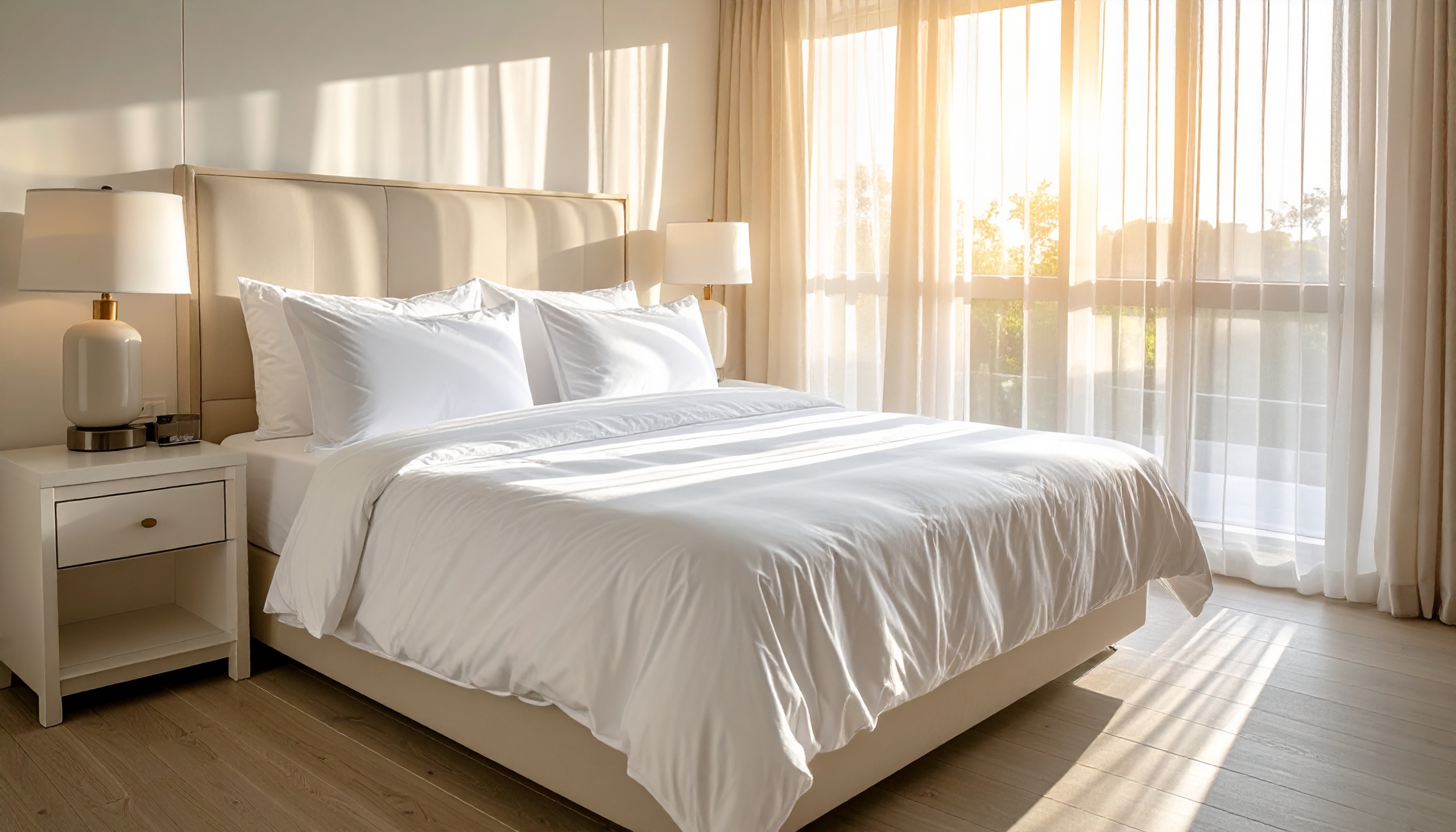 Quarto iluminado por luz natural suave, destacando uma cama de casal com lençóis brancos impecáveis, cabeceira estofada, duas luminárias simétricas e cortinas translúcidas que filtram o brilho do sol poente. A composição é equilibrada e minimalista, com foco em tons neutros, criando uma atmosfera serena e relaxante.