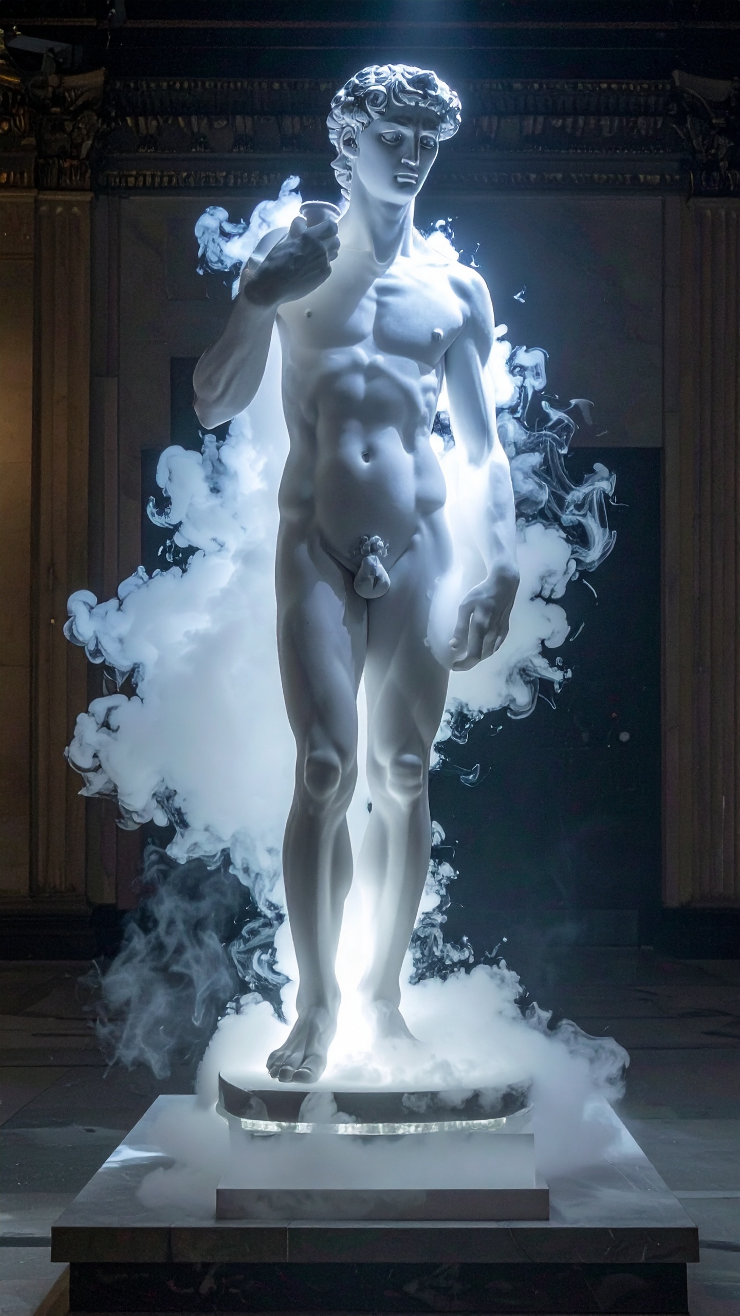 A dramatic display of a classical marble statue enveloped in swirling mist