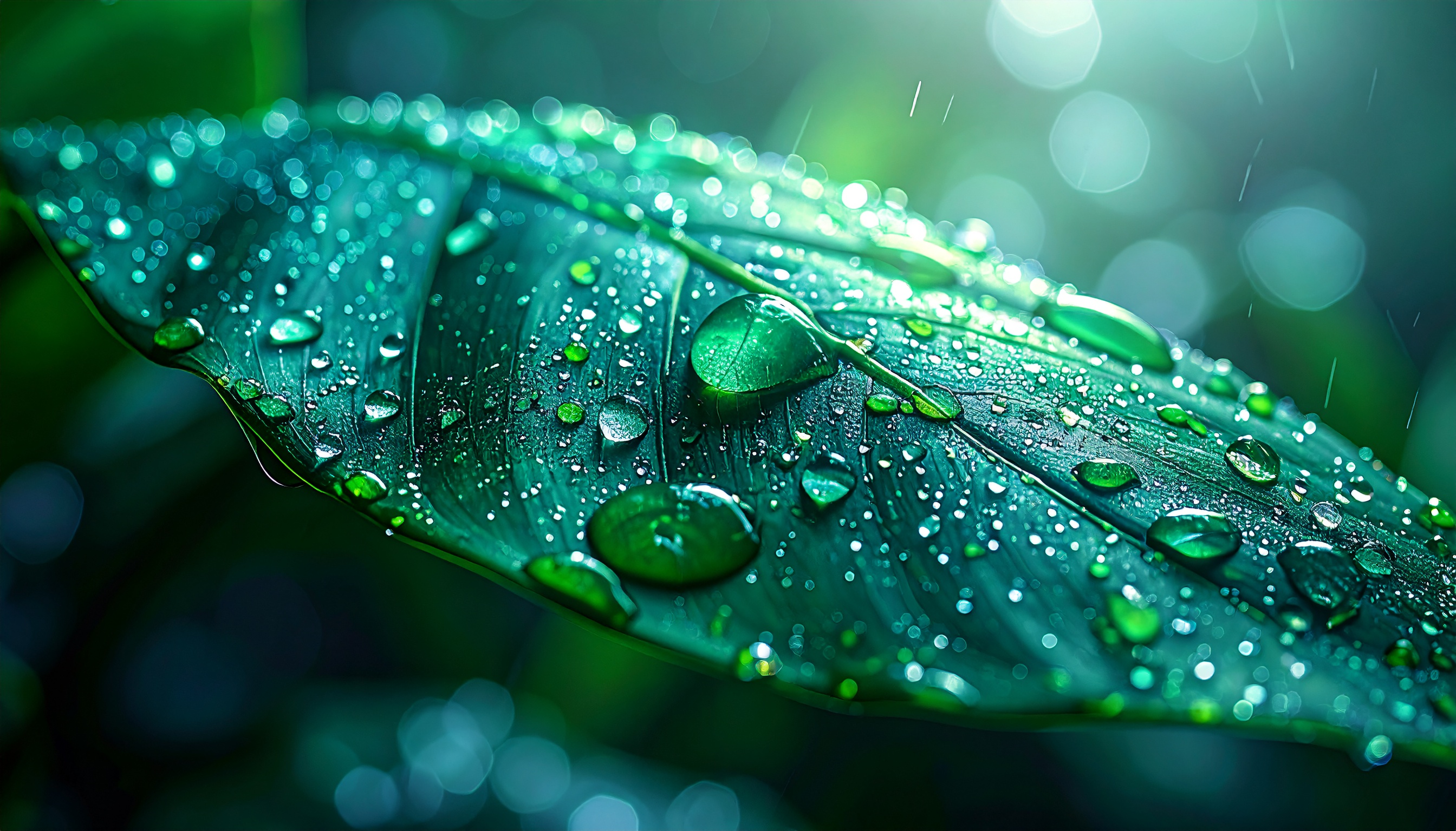 Close-up of a Green Leaf with Water Drops