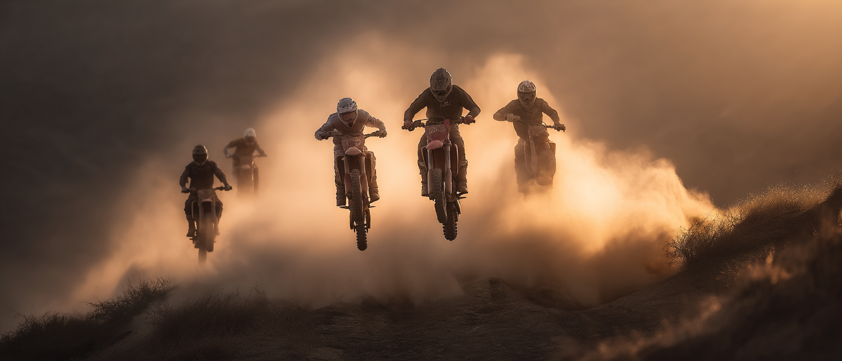 Cinco motociclistas realizando manobras aéreas em suas motos off-road, levantando poeira em um cenário de pôr do sol. A imagem captura a emoção e a adrenalina do motociclismo em terrenos acidentados.