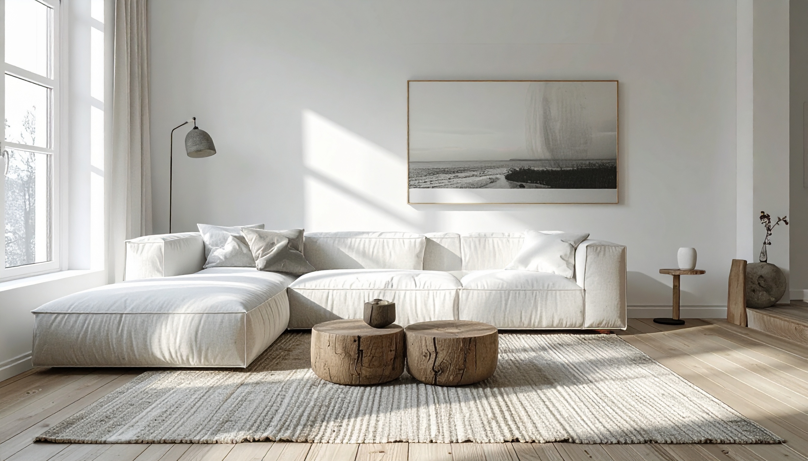 Sala de estar com design escandinavo em tons neutros e iluminada naturalmente. Ideal para criar um ambiente de relaxamento e conforto em casa. Destaca-se o sofá modular branco com almofadas cinzas, combinado com mesas de centro de madeira rústica. Perfeito para uso em residências que valorizam estilo e funcionalidade. A combinação de elementos naturais e modernos oferece um toque sofisticado e acolhedor.