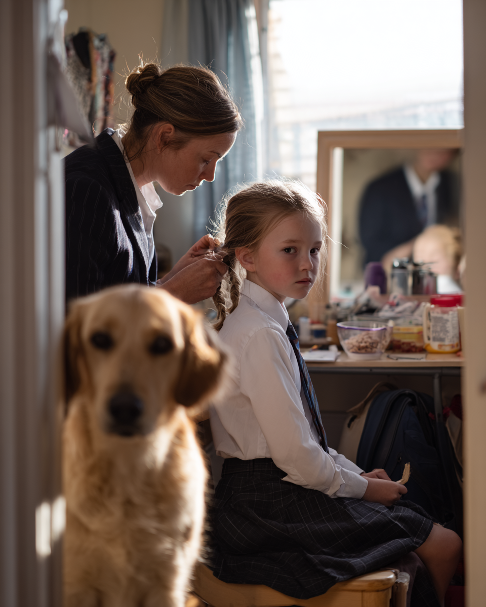 Uma mãe penteando o cabelo de sua filha em um ambiente doméstico, com um cachorro golden retriever em primeiro plano. A menina está vestida com uniforme escolar, incluindo uma camisa branca e uma gravata. O cenário é iluminado pela luz natural que entra pela janela, criando uma atmosfera aconchegante e familiar.
