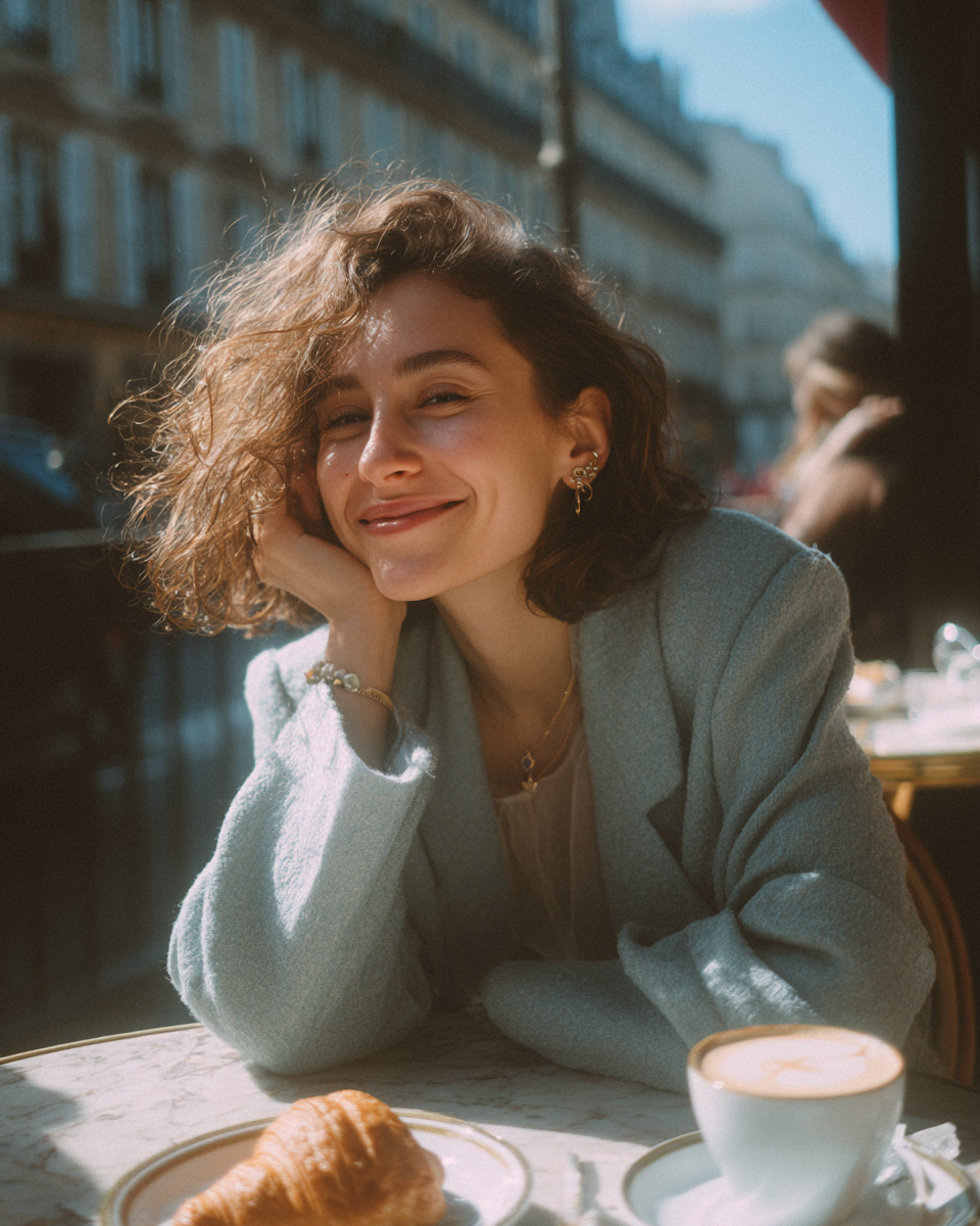 A imagem retrata uma mulher sorridente sentada em uma mesa de café, com luz natural iluminando seu rosto. Ela está usando uma jaqueta azul clara e tem cabelo cacheado. Em primeiro plano, há um croissant e uma xícara de café na mesa, enquanto ao fundo se vê uma rua parisiense.