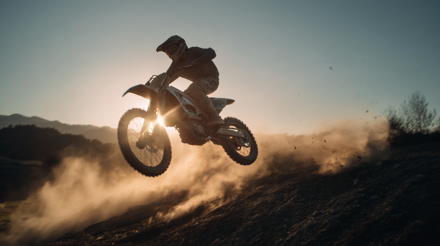 Motociclista realizando um salto em uma moto off-road enquanto levanta poeira ao fundo, com o sol se pondo no horizonte e uma paisagem montanhosa ao fundo.