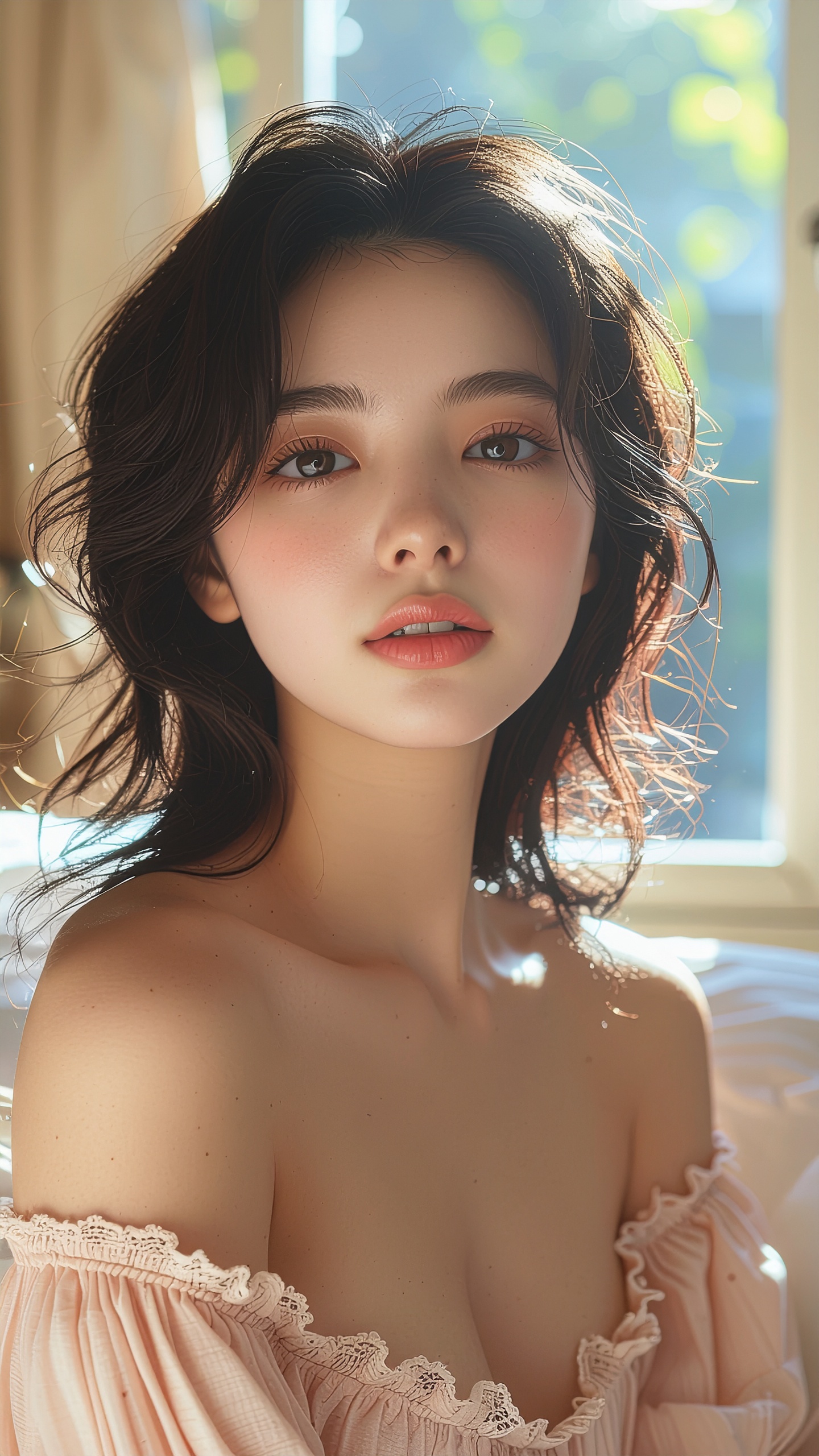A young woman gazes softly towards the viewer, bathed in natural light