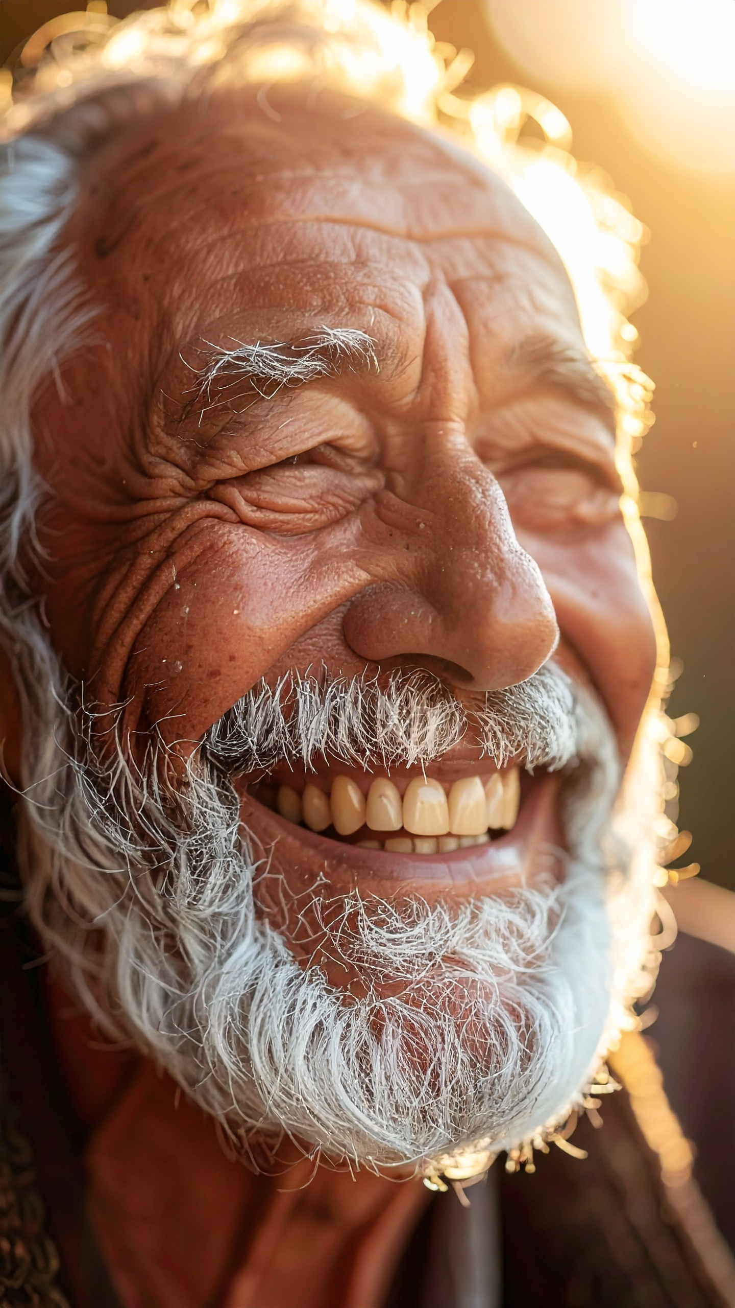 An elderly man with a joyful expression, bathed in warm sunlight, exudes happiness and wisdom