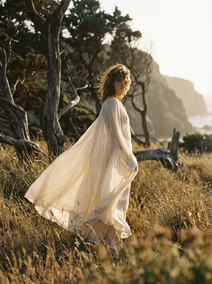 A woman in a flowing, ethereal dress stands in a windswept meadow