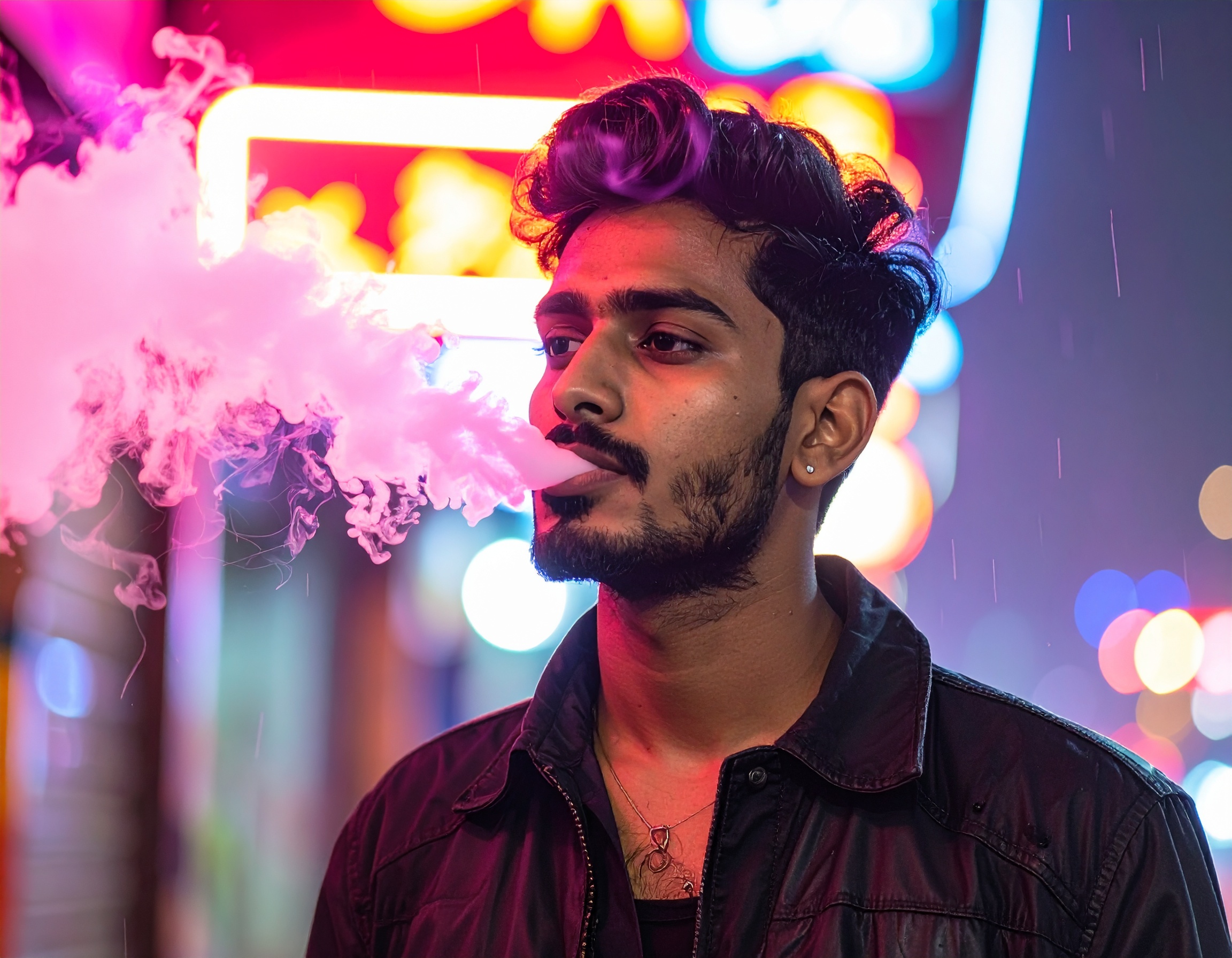 A young man exhales vapor in a neon-lit urban setting