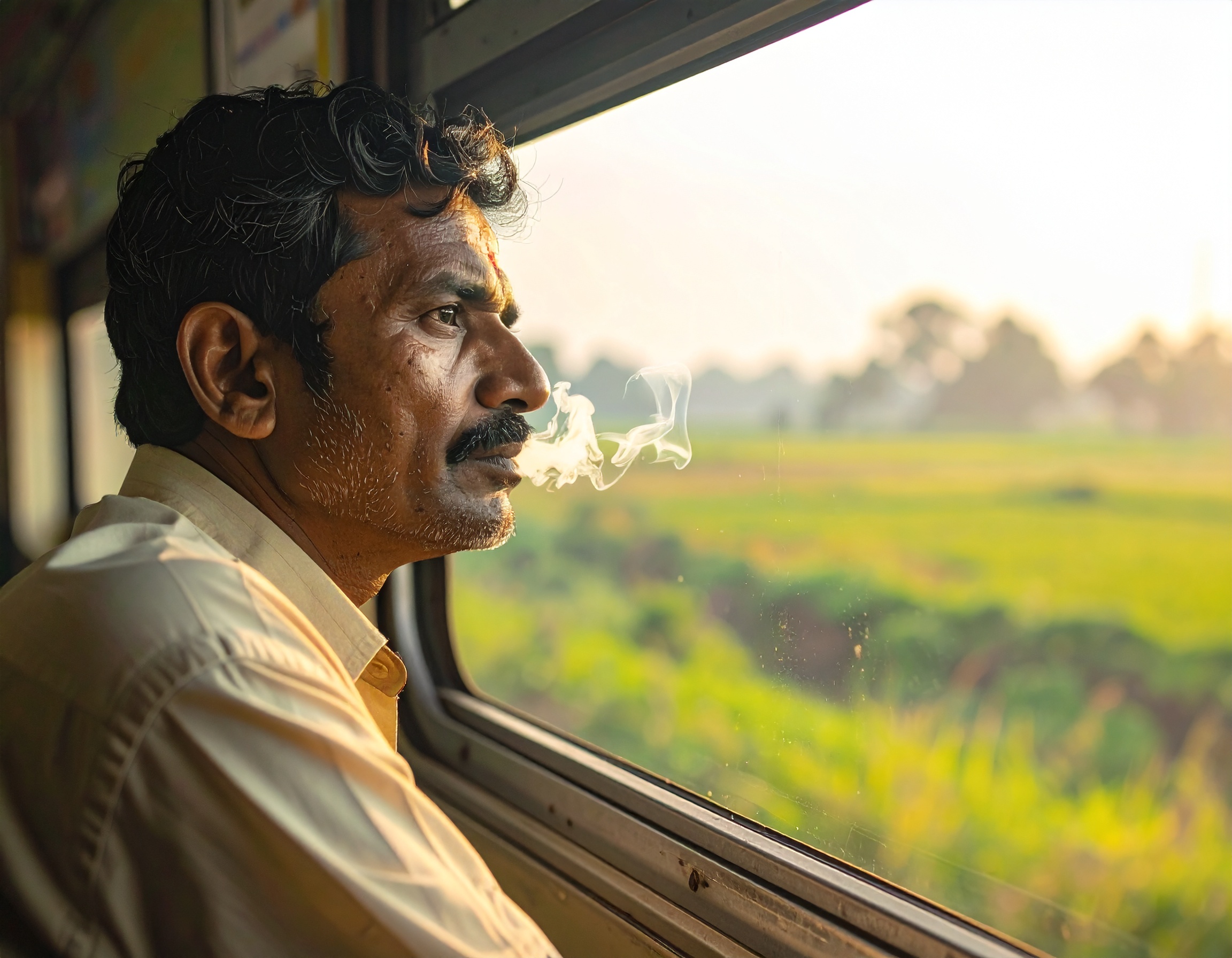 A man gazes out of a train window, reflecting a moment of contemplation