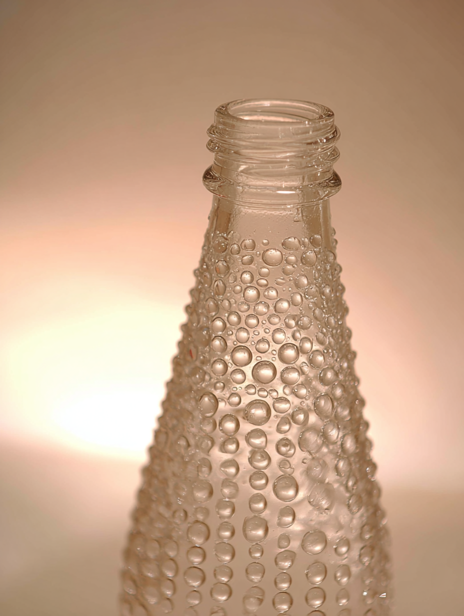 Garrafa de vidro transparente com gotas d'água, iluminação suave em tons de bege, textura detalhada e composição vertical elegante, criando um efeito visual sofisticado.