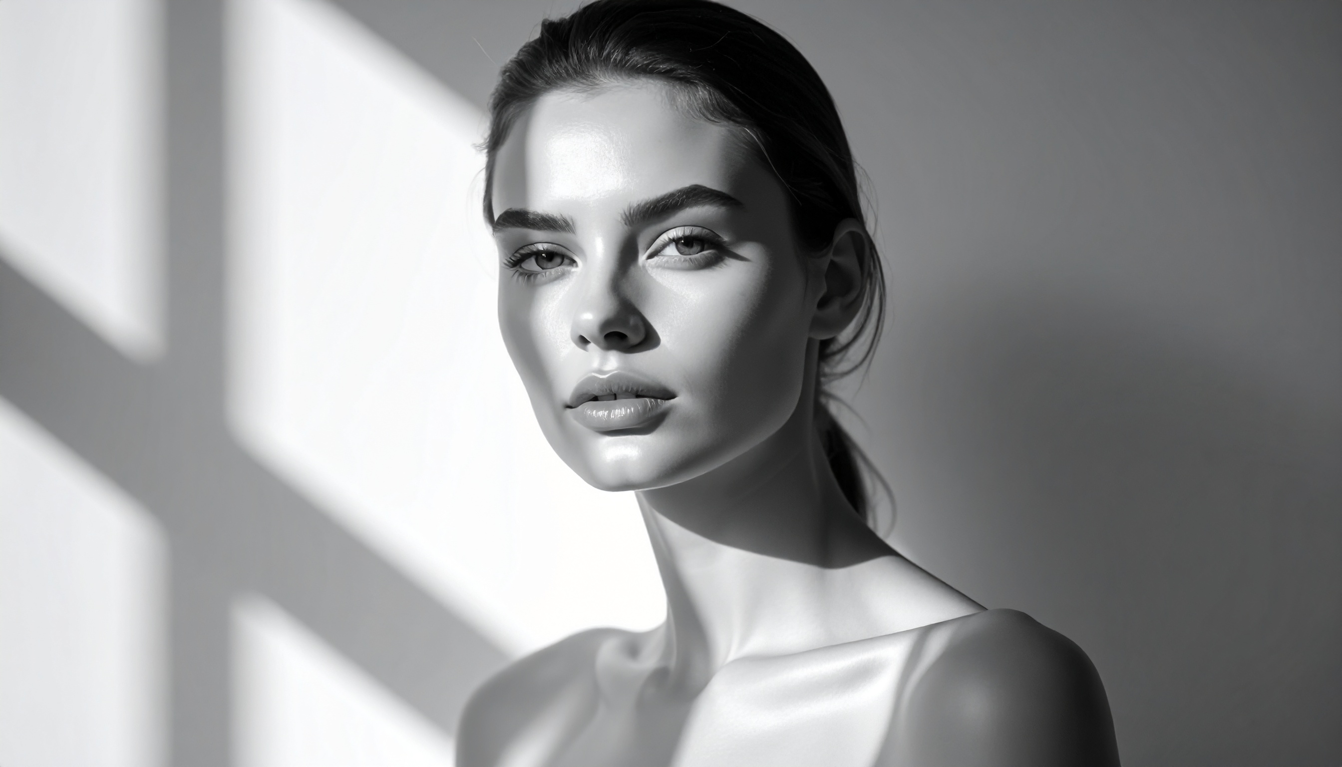 A striking black and white portrait features a young woman with a serene expression, illuminated