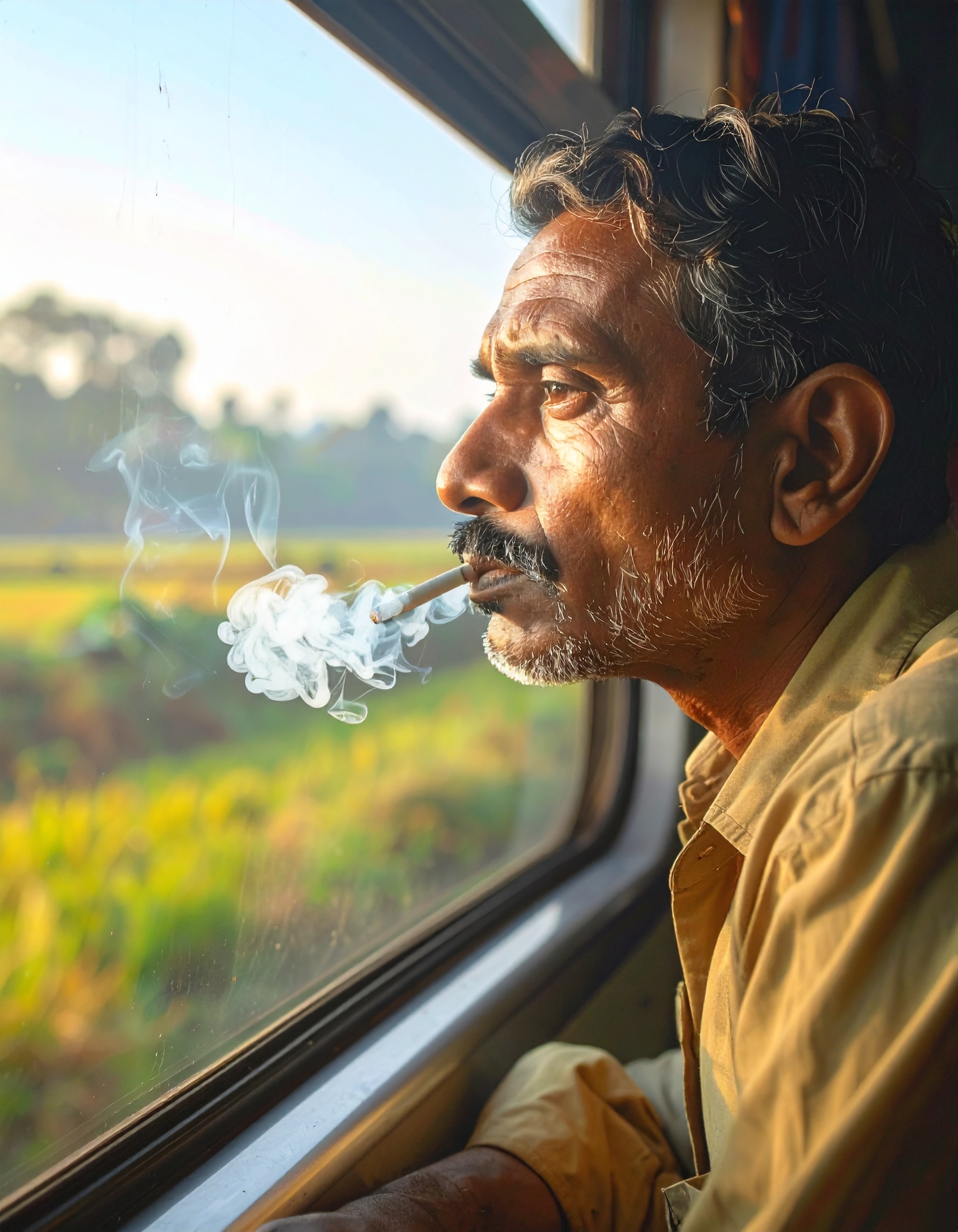 A contemplative man smokes a cigarette while gazing out of a train window