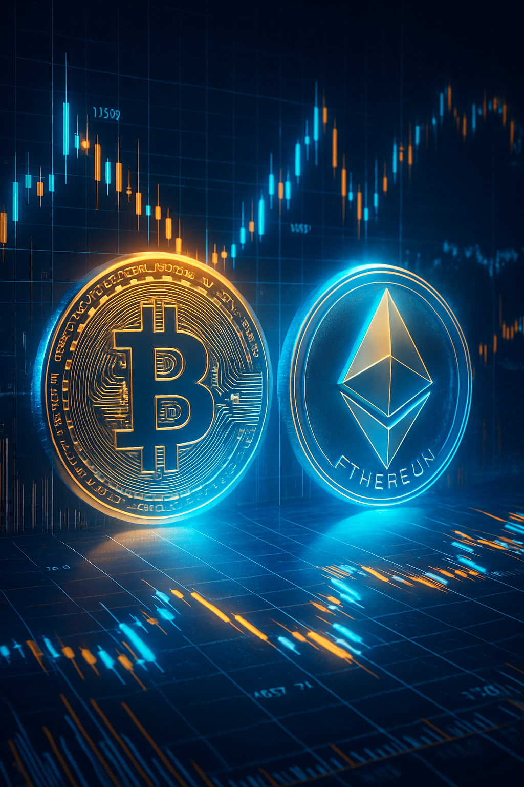 Digital Image of Bitcoin and Ethereum Coins on Financial Graphs