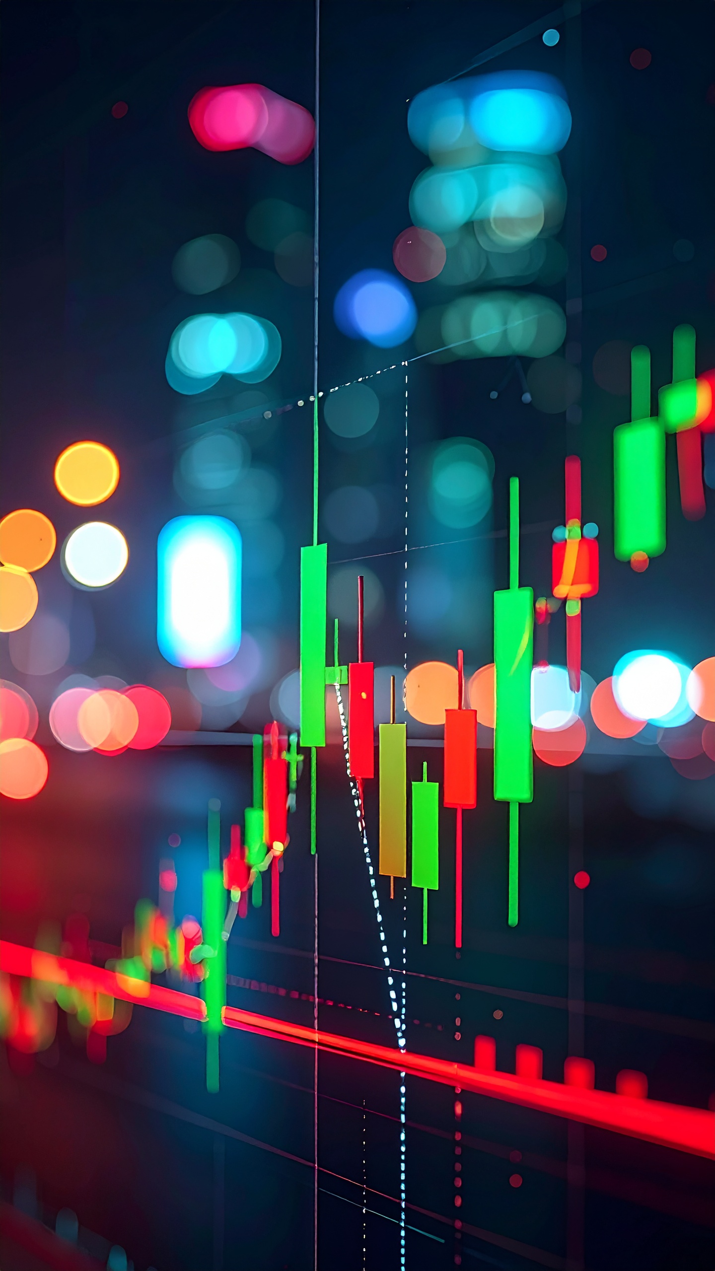 Gráfico de velas coloridas em verde e vermelho sobre um fundo desfocado de luzes urbanas, criando um contraste vibrante e moderno. A composição destaca a volatilidade do mercado financeiro com foco nítido nas velas do gráfico, enquanto o fundo desfocado em tons de azul e vermelho adiciona uma atmosfera dinâmica e tecnológica.