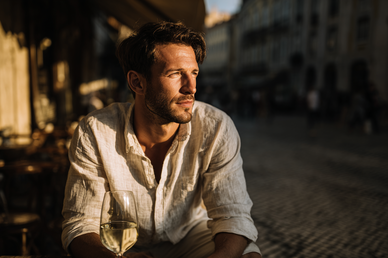 A imagem apresenta um homem sentado em um ambiente externo com luz suave do pôr do sol, refletindo um clima relaxante. Ele veste uma camisa de linho clara e segura um copo de vinho branco. O fundo é composto por uma calçada de pedras e edifícios em um estilo arquitetônico clássico, desfocados, sugerindo um ambiente urbano.